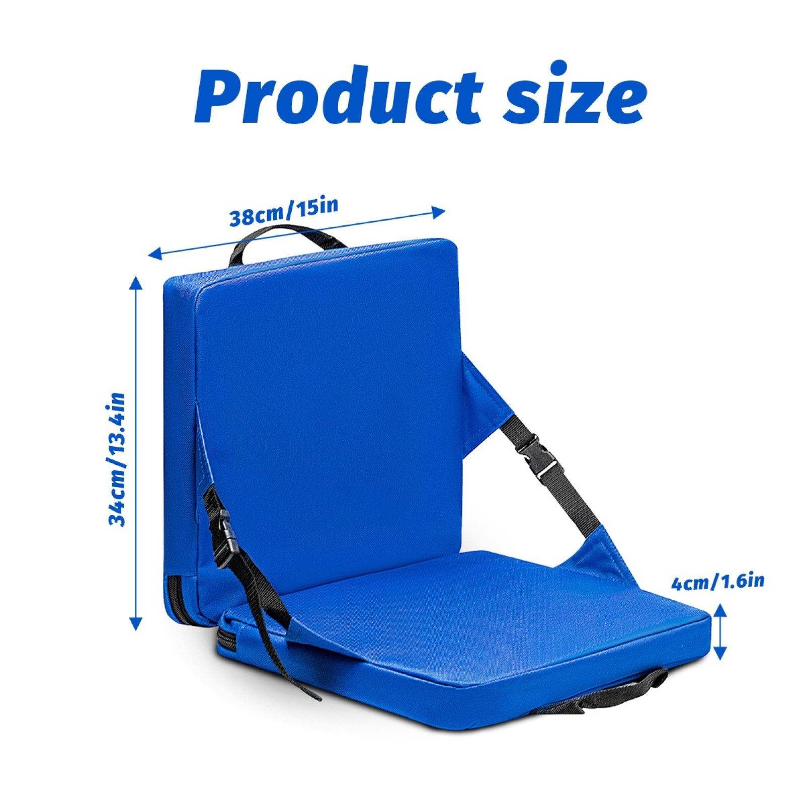 Blauer Klappsitz mit Maßangaben. Produktgröße-Text oben. Maße in cm und Zoll.