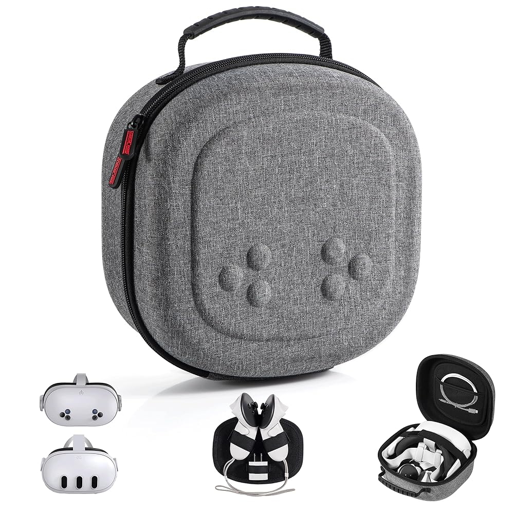 Eine graue VR-Headset-Tasche mit Griff. Es zeigt ein Headset im Inneren und mehrere VR-Headsets.