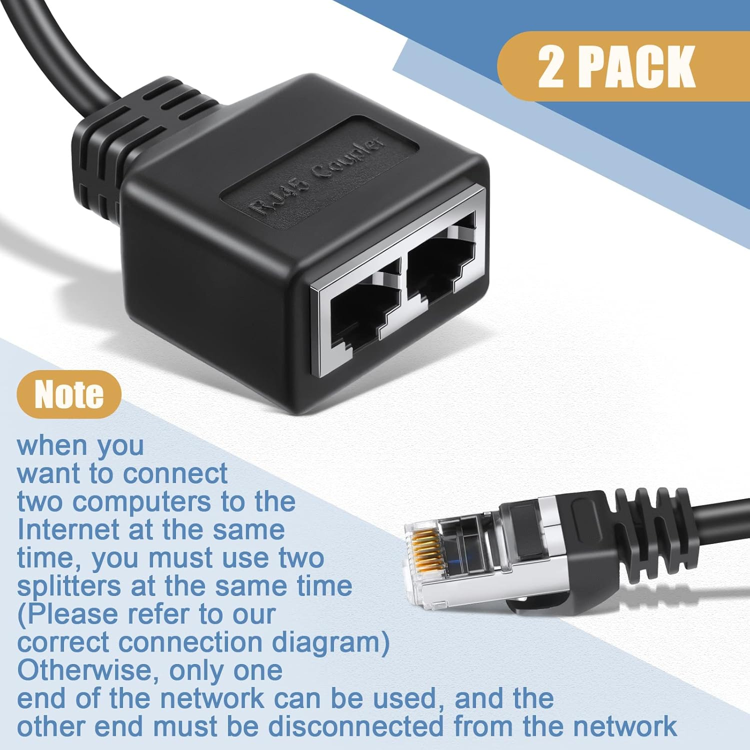Schwarzer RJ45-Koppler mit zwei Anschlüssen und einem Netzwerkkabel. Text lautet "2er-Pack" und Gebrauchsanweisung.