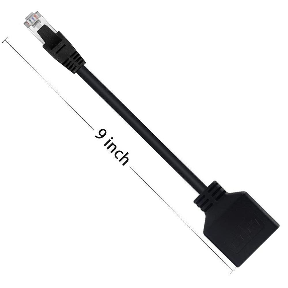 Schwarzes Ethernet-Kabel mit einer 9-Zoll-Messung. Es hat einen Stecker an einem Ende und einen quadratischen Splitter am anderen.