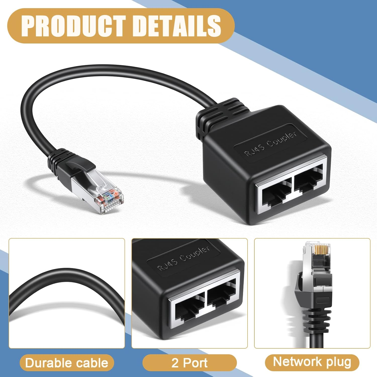 Ein schwarzer RJ45-Koppler mit einem robusten Kabel und Netzwerkstecker, beschriftet mit 'Produktdetails'.