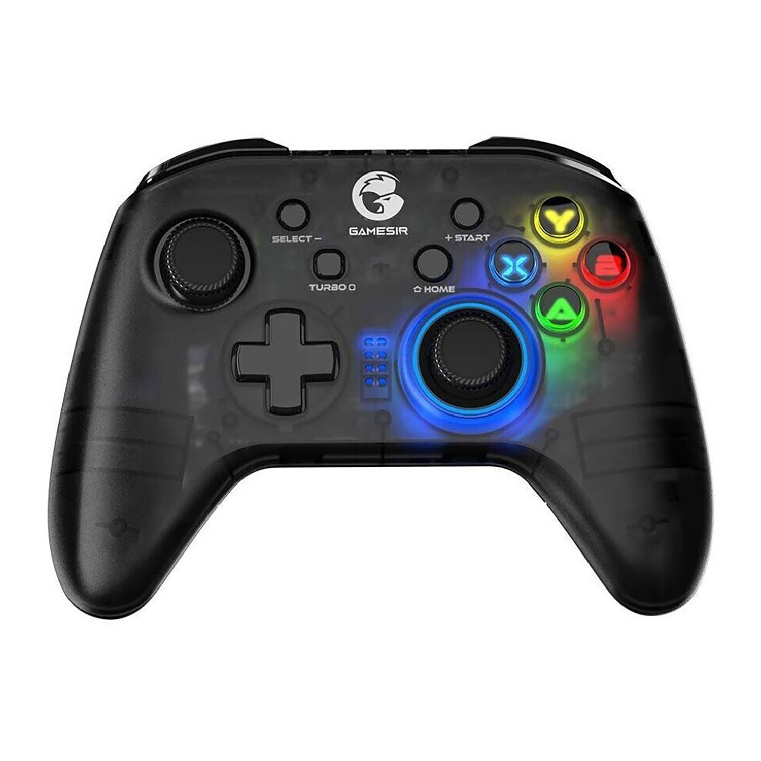 Un controller Gamesir nero trasparente con pulsanti colorati. Ha un d-pad, due joystick e vari pulsanti funzione.