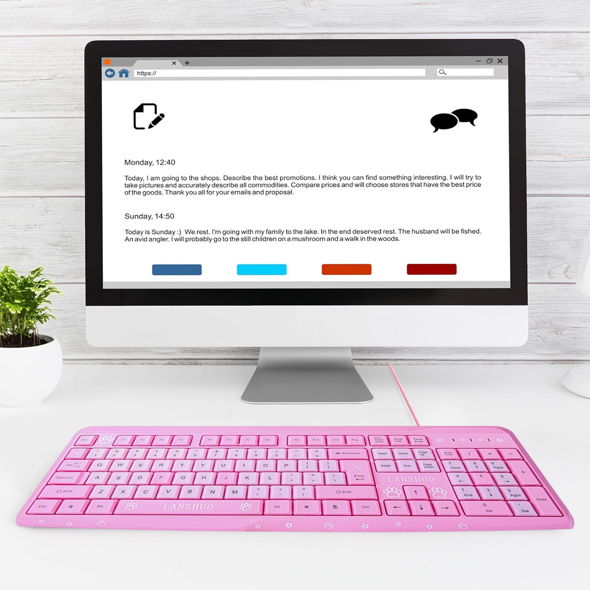 Ein Computermonitor zeigt Text an. Unterhalb befindet sich eine rosa Tastatur. Links ist eine kleine Pflanze. Der Hintergrund ist helles Holz.