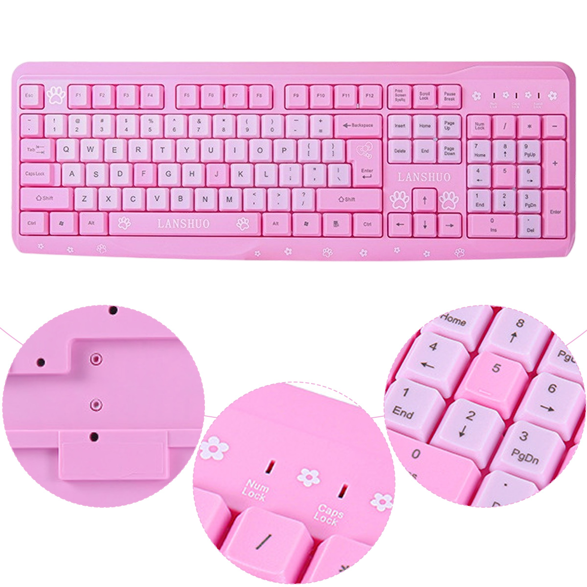 Rosa Tastatur mit weißen Tasten und Pfotenabdrücken. Enthält vergrößerte Ansichten von Rückseite und Tasten.
