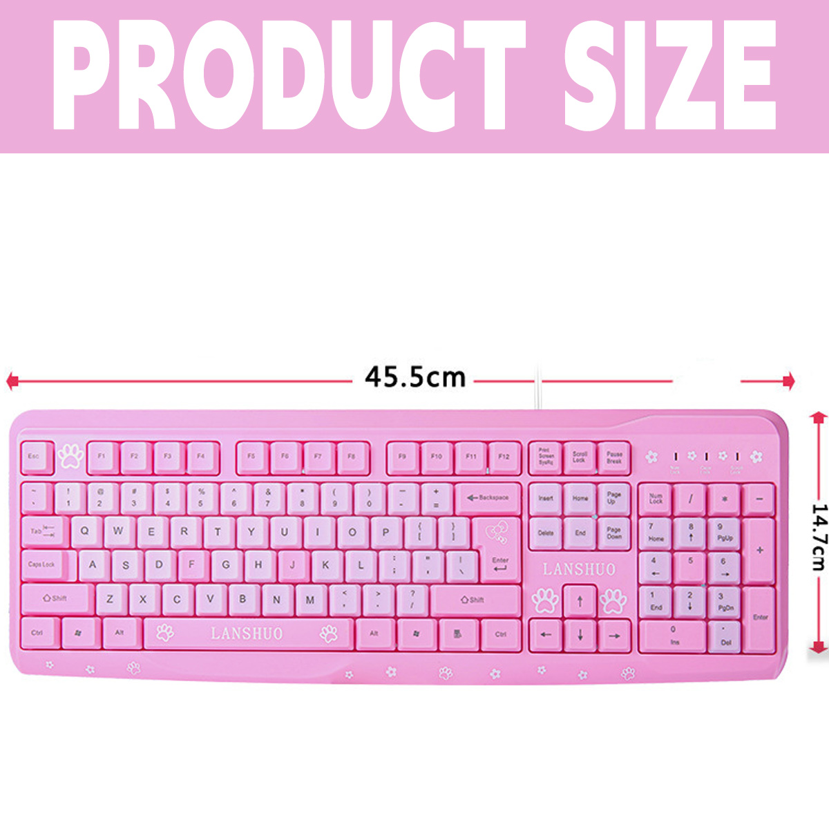 Eine rosa Tastatur mit weißen Tasten. Die Produktgröße zeigt die Abmessungen von 45,5 cm x 14,7 cm. Das Wort PRODUKTGRÖSSE steht oben.