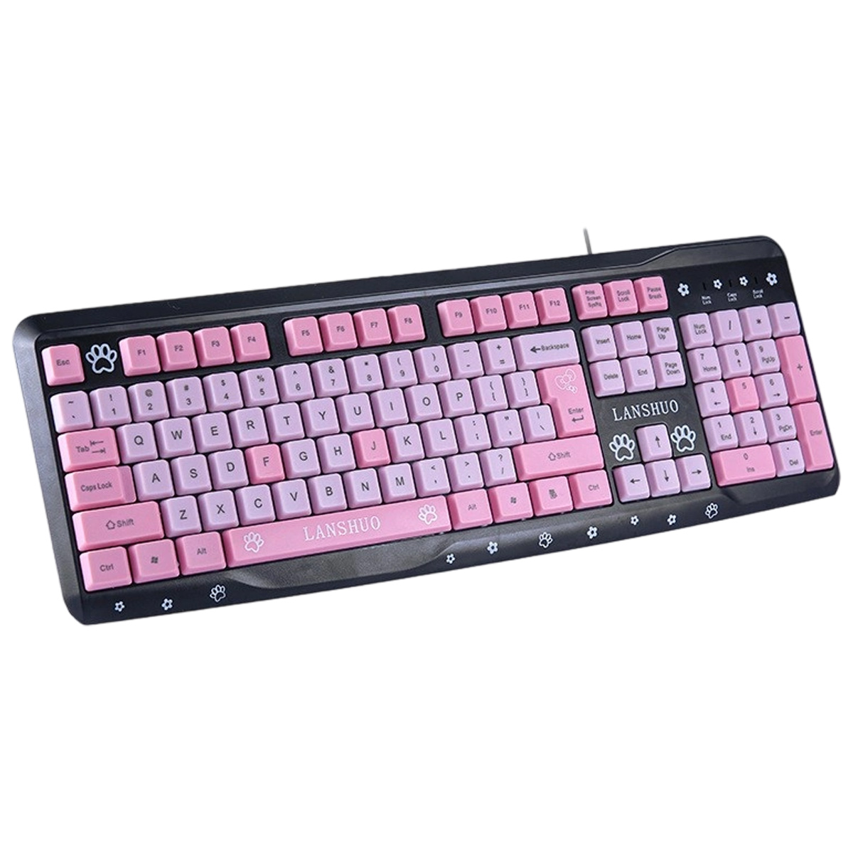 Eine schwarz-rosa Tastatur mit einem Katzenpfoten-Design. Die Tasten sind rosa und weiß. Der Markenname ist LANSIIUO.