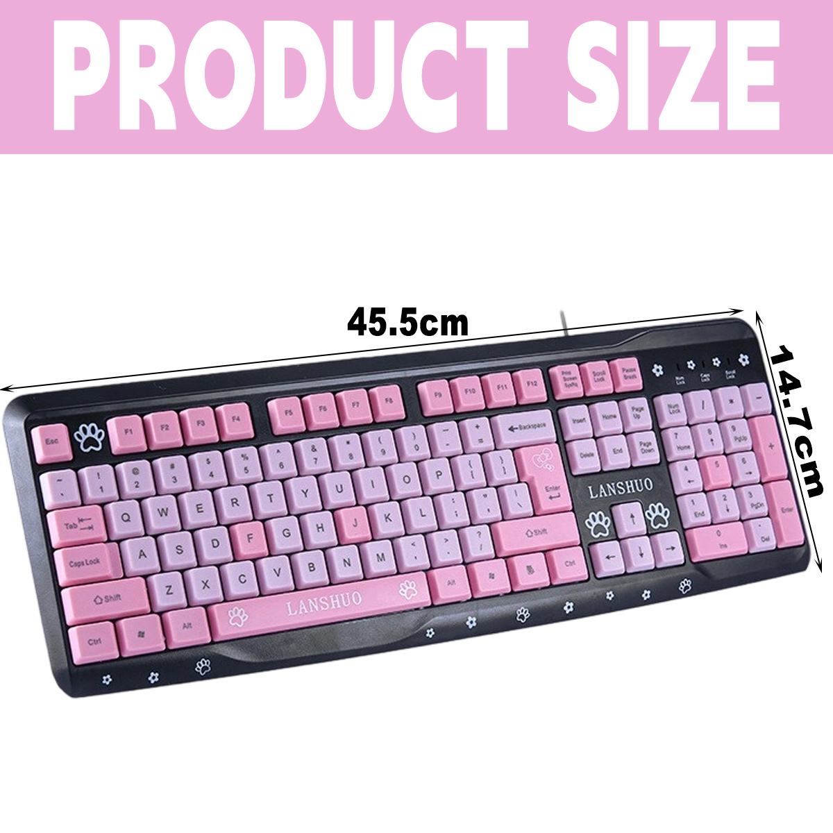 Schwarze und rosa Tastatur mit Produktgrößenangaben. Die Tastatur hat rosa Tasten und Pfotenabdruck-Designs.