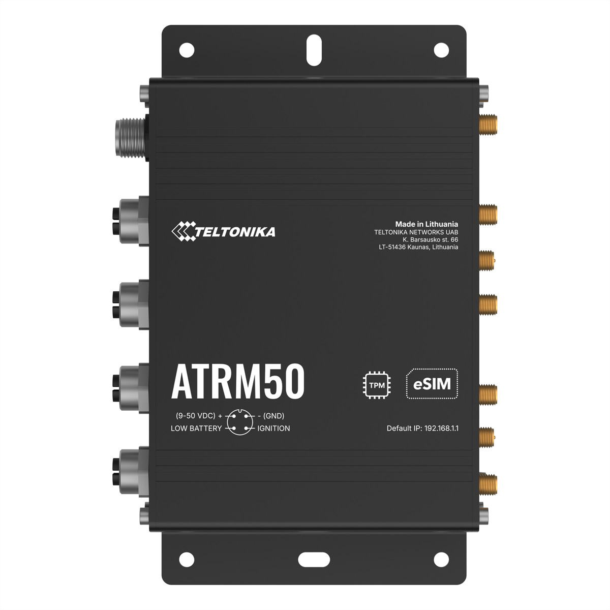 Schwarzes ATRM50-Gerät mit Antennen, Anschlüssen und Etiketten. Merkmale: Teltonika-Logo, Made in Litauen und eSim.