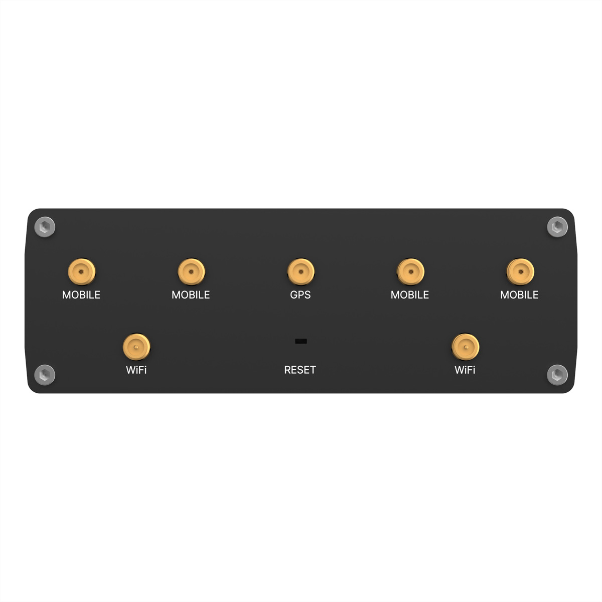 Ein schwarzes Gerät mit goldenen Anschlüssen, beschriftet mit 'MOBILE', 'GPS', 'WIFI' und 'RESET'. Schrauben befestigen das Gerät.