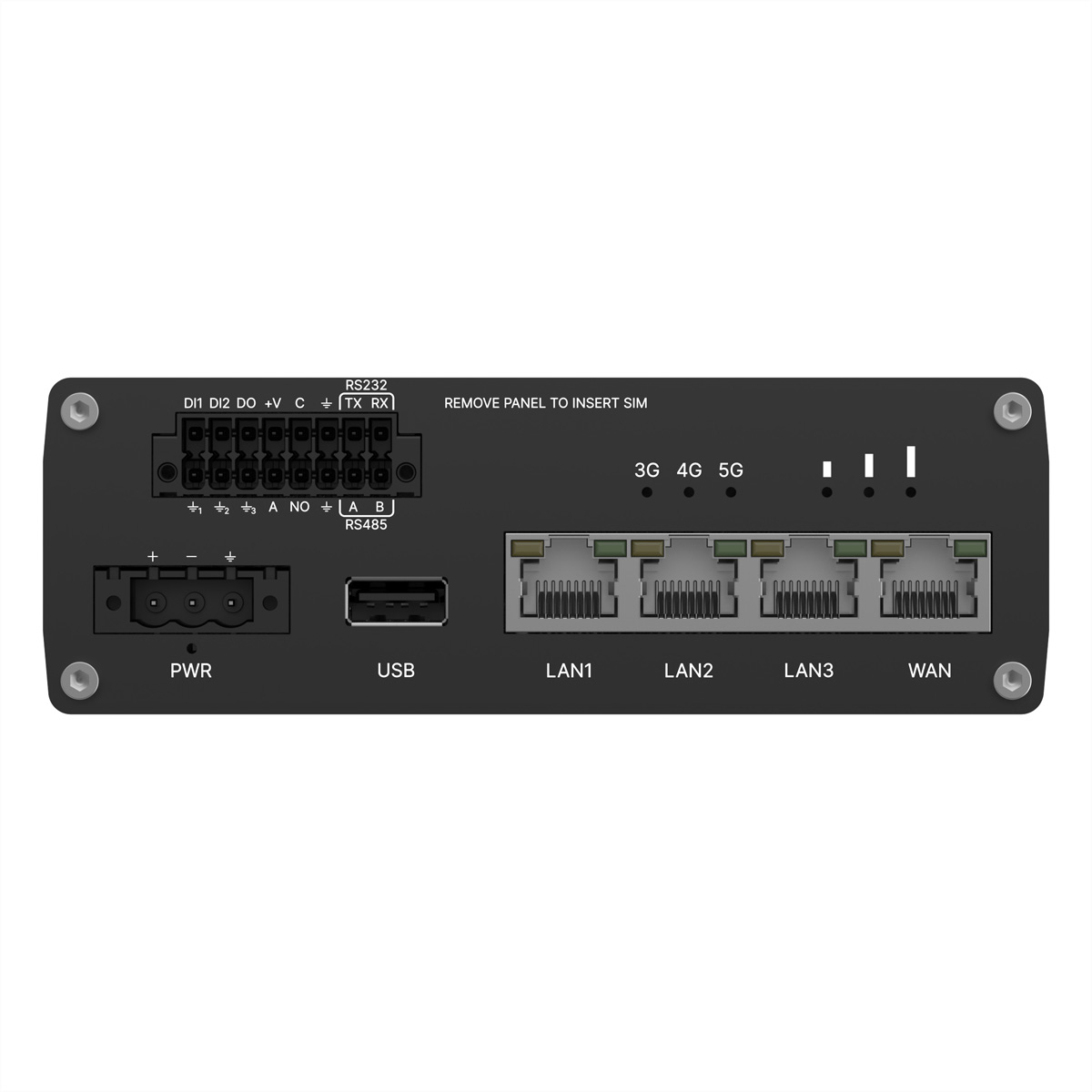 Ein schwarzes Netzwerkgerät mit Anschlüssen für PWR, USB, LAN1-3, WAN und Anzeigen für 3G-, 4G- und 5G-Konnektivität.