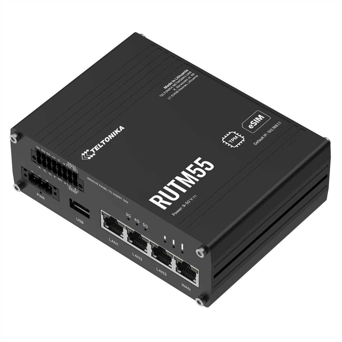 Schwarzer Teltonika RUTM55 Router. Merkmale umfassen Anschlüsse, Stromeingang und SIM-Kartensteckplatz. Text enthält 'eSIM'.