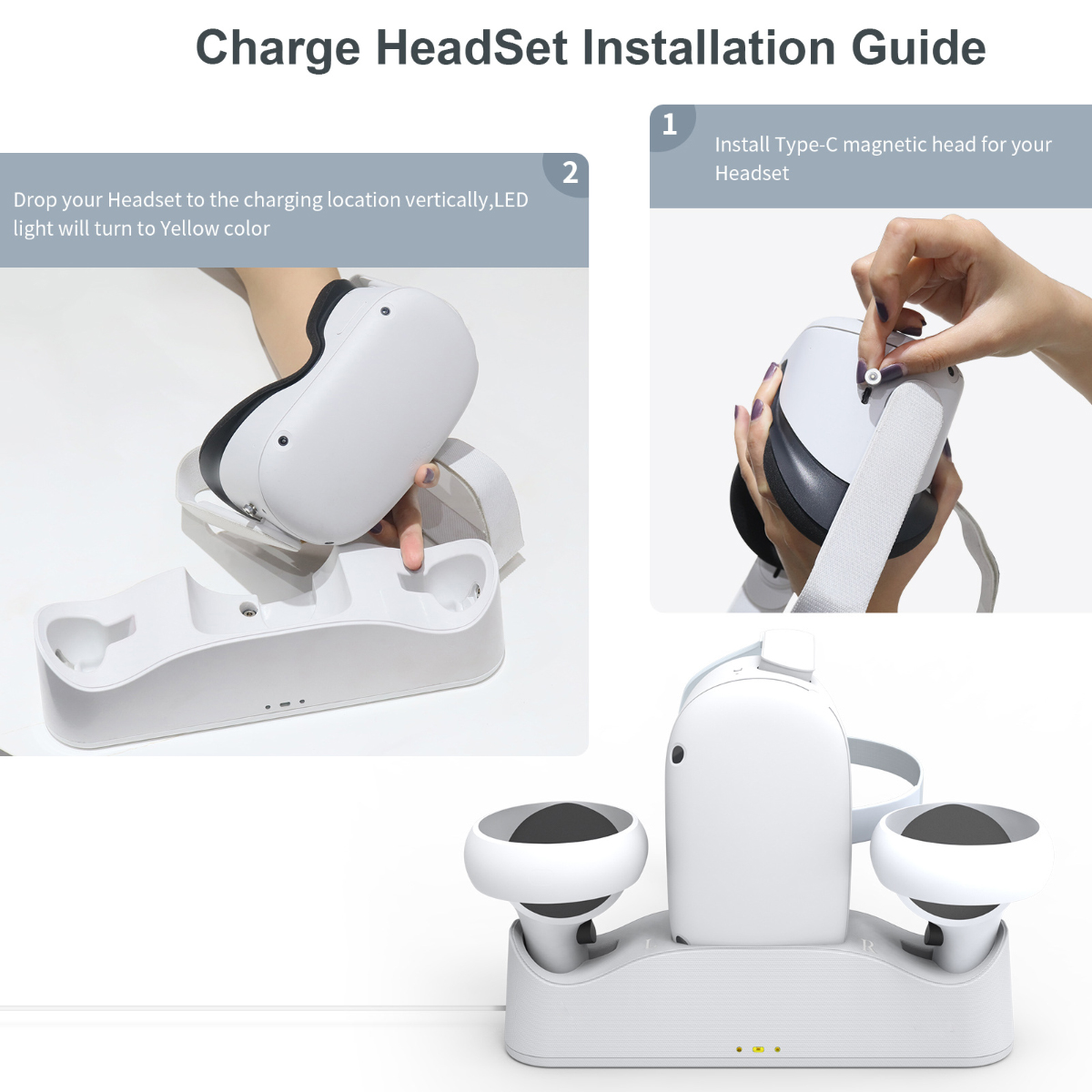 Ein weißes VR-Headset und Controller werden auf einer weißen Ladestation mit zwei Schritten der Einrichtungsanleitung gezeigt.
