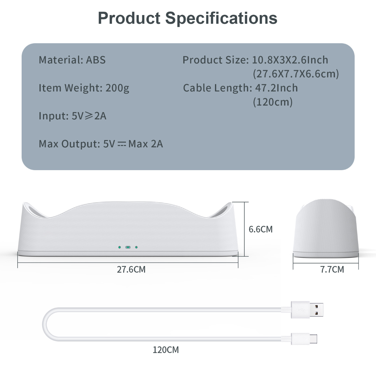 Weißes Produkt mit Abmessungen und Spezifikationen. Enthält ein Ladekabel und Produktdetails wie Material, Größe und Gewicht.