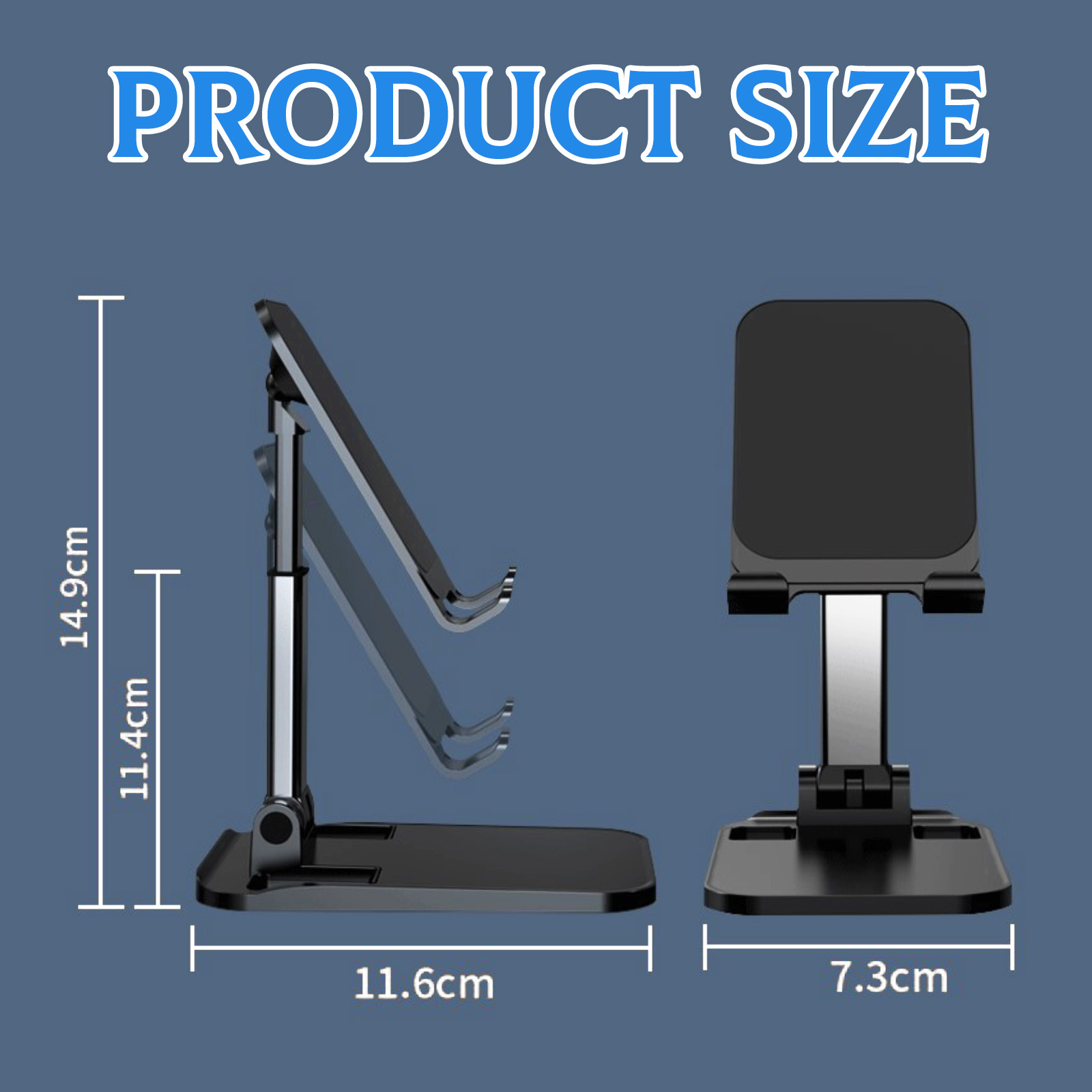 Das Bild zeigt einen schwarzen Telefonständer mit Maßen. Der Text lautet 'PRODUCT SIZE'. Der Ständer befindet sich auf blauem Hintergrund.