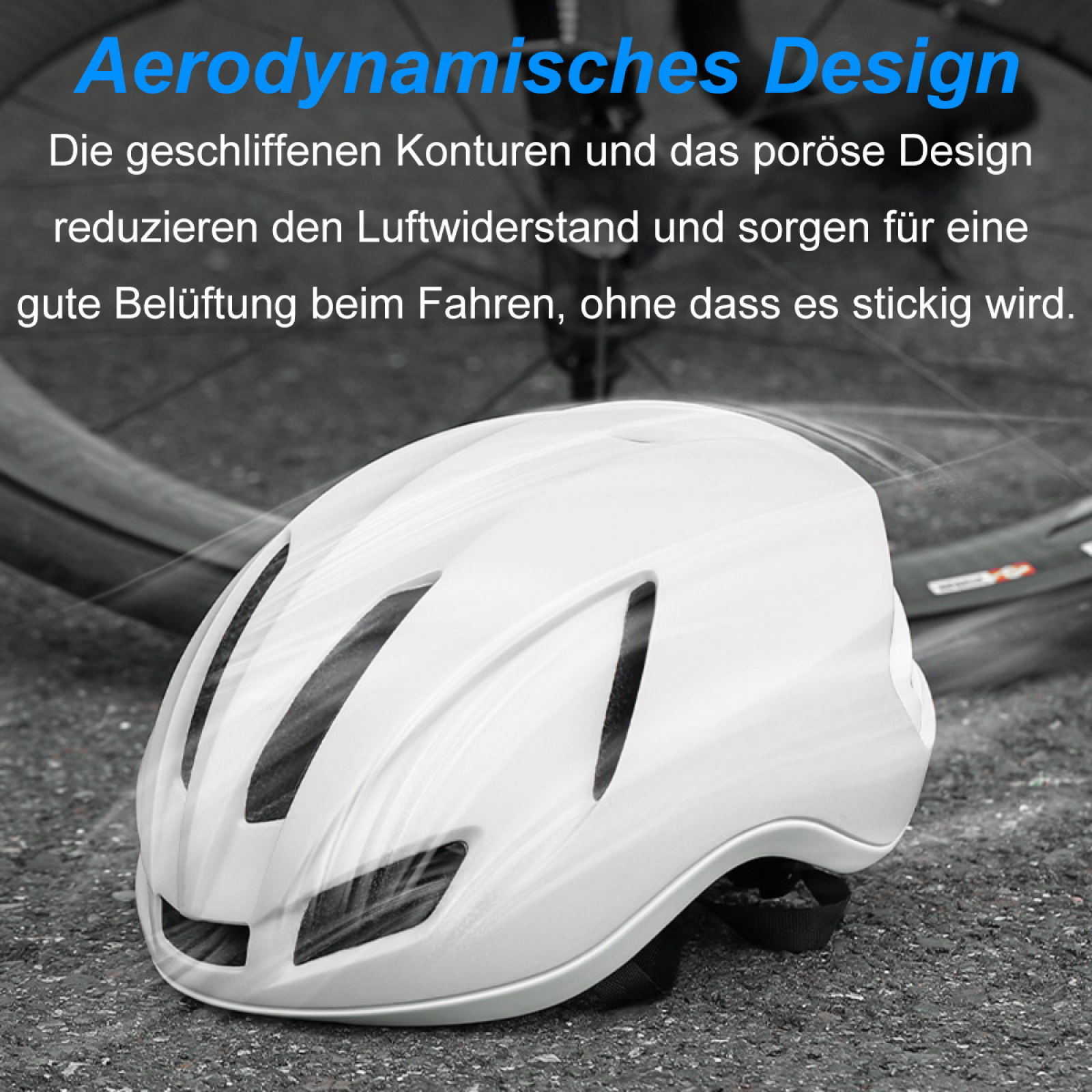 Weißer Fahrradhelm mit Belüftung. Text auf Deutsch beschreibt das aerodynamische Design und seine Vorteile.