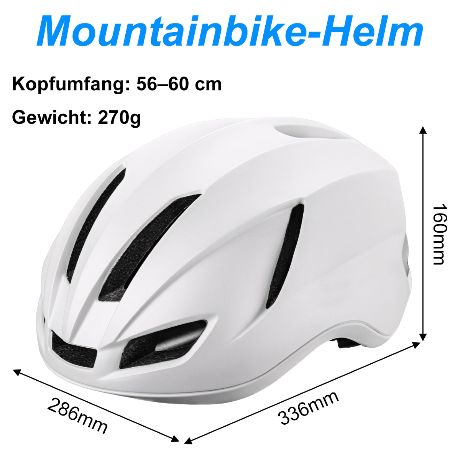 Ein weißer Mountainbike-Helm mit Abmessungen, einschließlich Kopfumfang 56-60 cm, Gewicht 270g und Größenangaben.