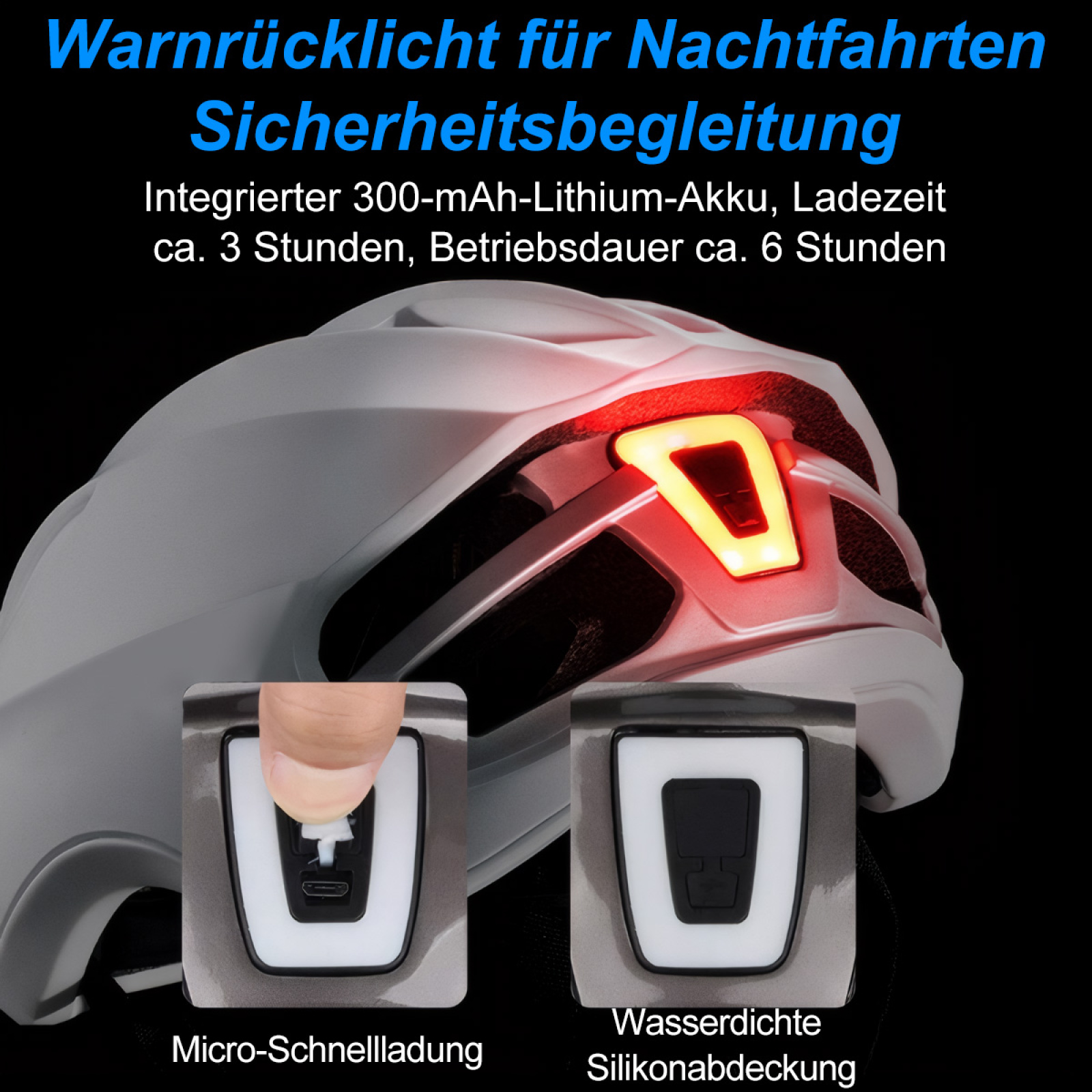Ein Fahrradhelm mit integriertem rotem Licht. Merkmale: Schnellladung, wasserdichte Silikonabdeckung und 6-Stunden-Akku.