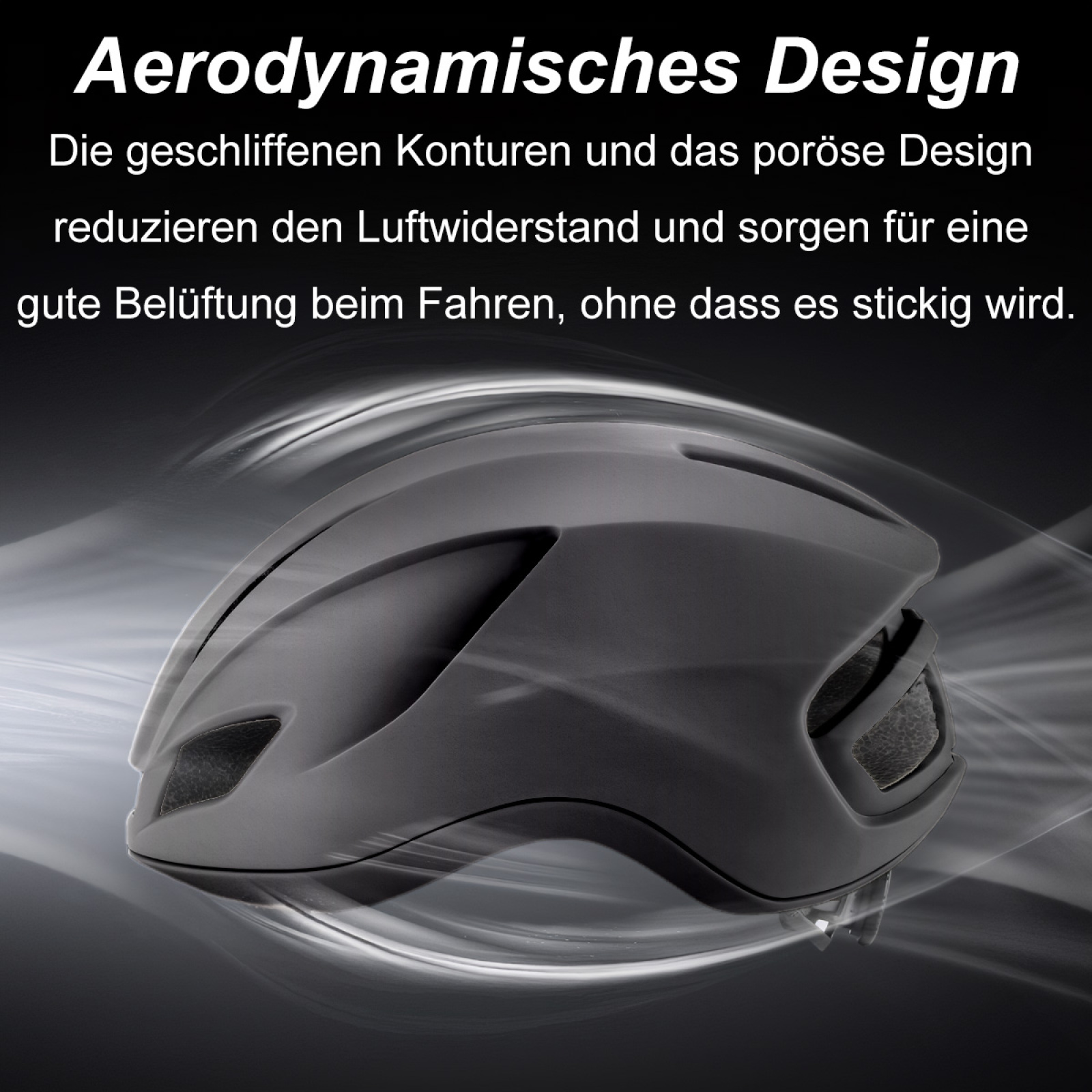 Ein schwarzer Helm mit Text über aerodynamisches Design vor grauem Hintergrund.