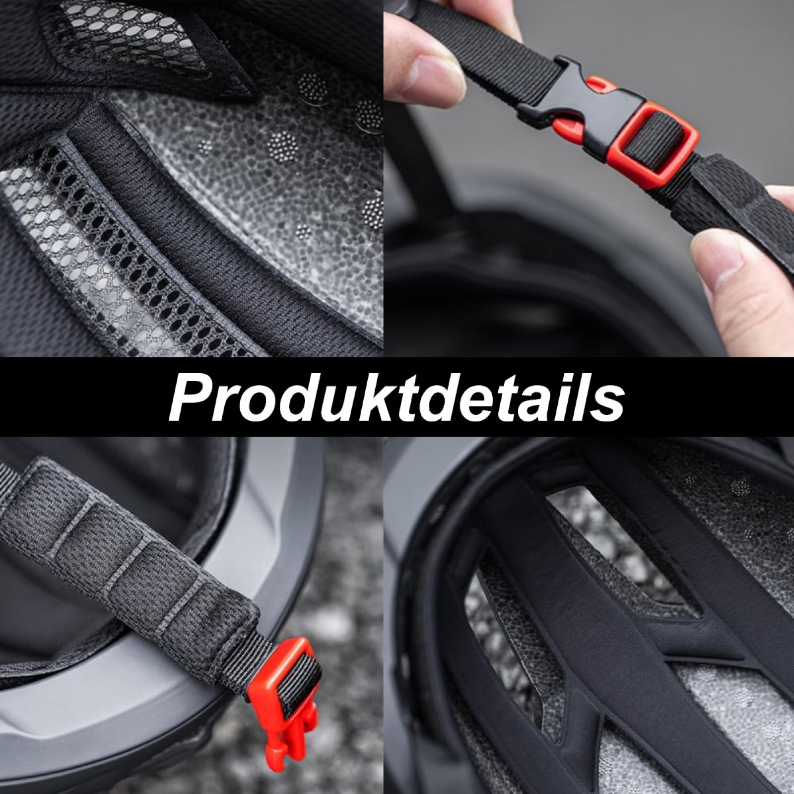 Nahaufnahme eines Fahrradhelms mit Details: Riemen, Schnalle und Innenpolsterung. Farben: Schwarz, Rot und Grau.