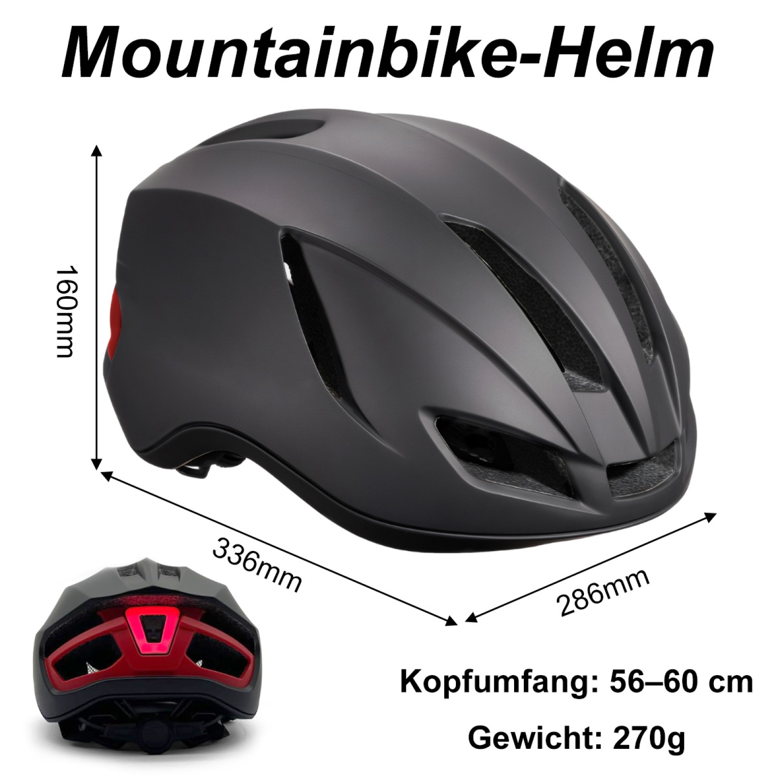 Ein schwarzer Mountainbike-Helm mit Abmessungen und eine kleinere Rückansicht mit roten Lichtern.