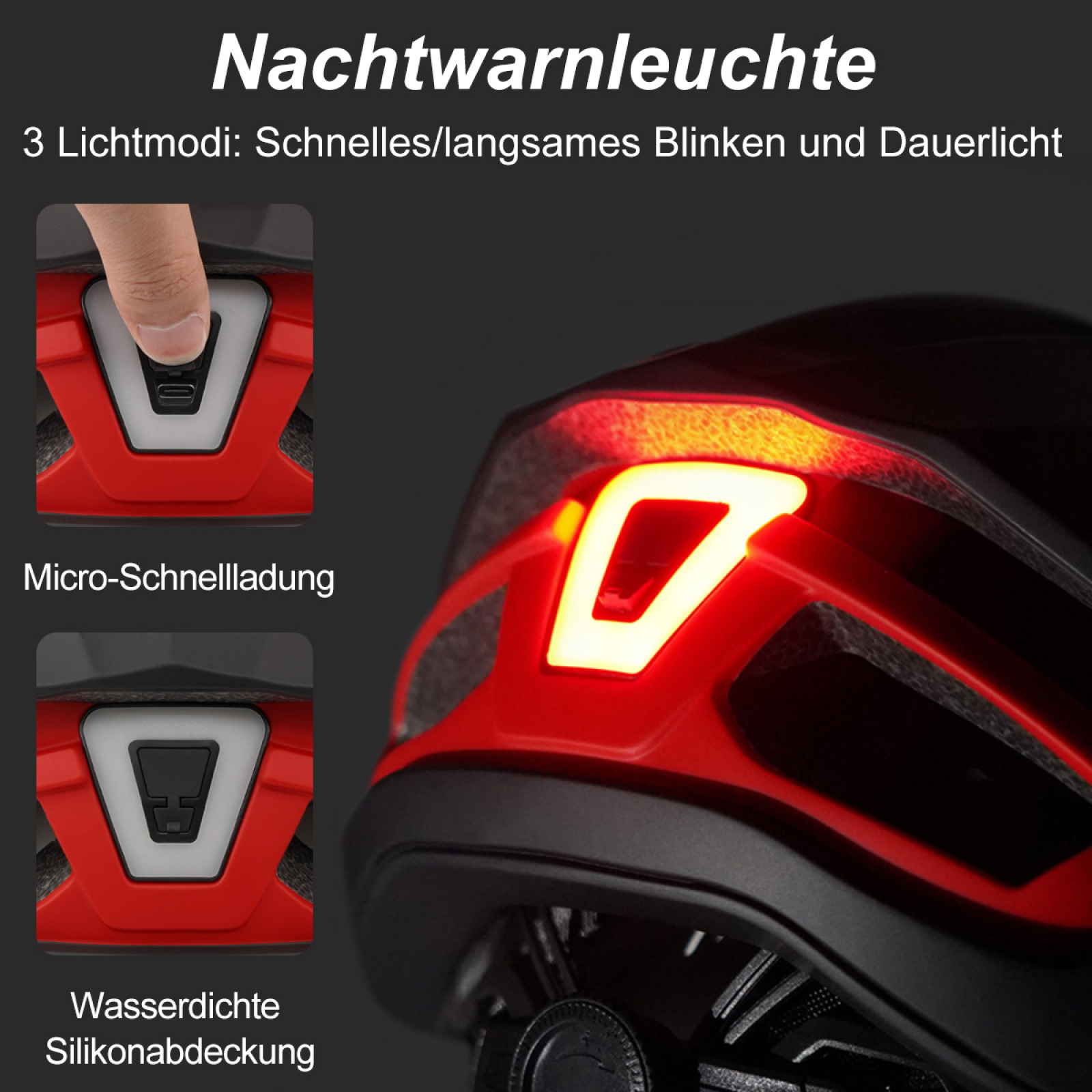 Fahrradhelm mit rotem Licht hinten. Es hat drei Lichtmodi und eine wasserdichte Silikonabdeckung.