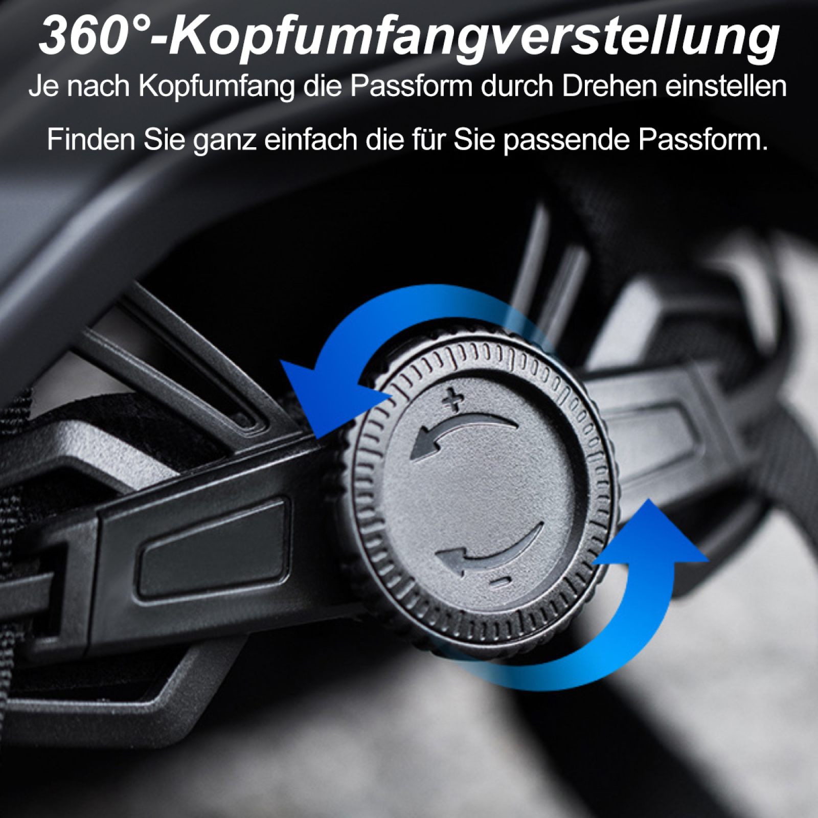 Schwarzes Helmverstellrad mit blauen Pfeilen, die die Drehung anzeigen. Text: 360° Kopfumfangverstellung.