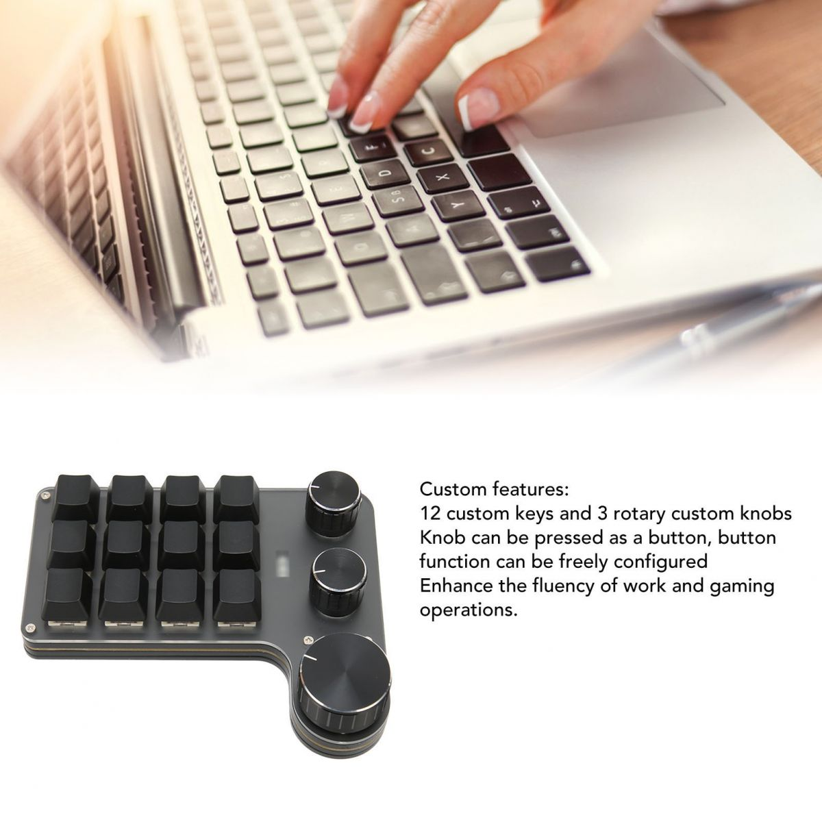 Eine Hand tippt auf einer Laptop-Tastatur. Im Vordergrund ein separates Tastenfeld mit Tasten und Drehknöpfen.