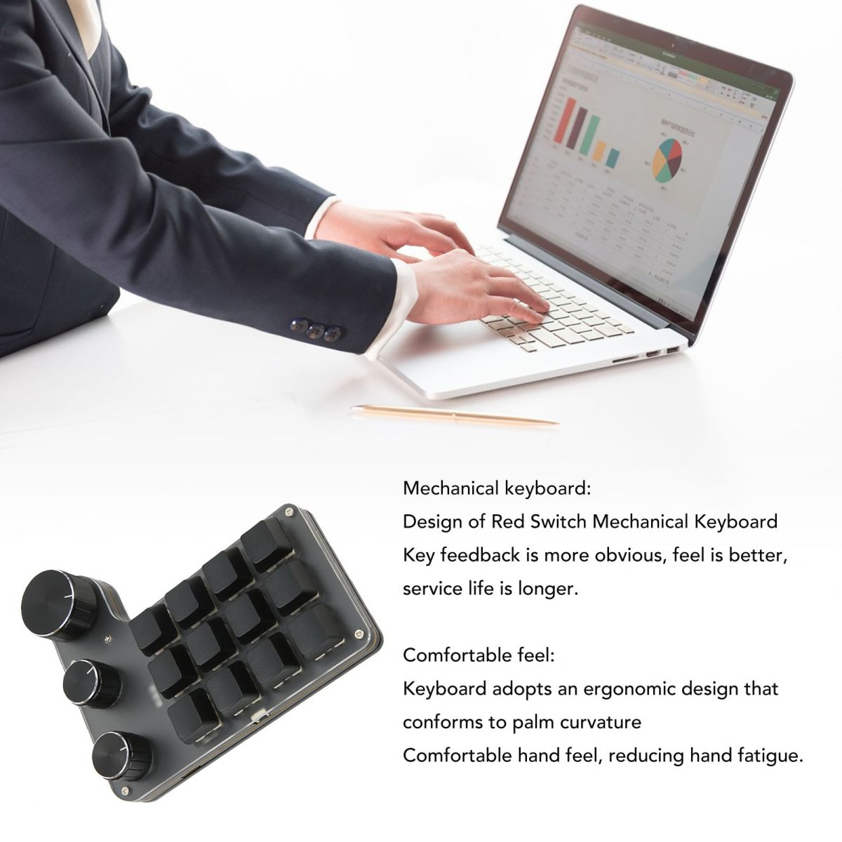 Eine Person benutzt einen Laptop, im Vordergrund eine kleine, schwarze mechanische Tastatur. Der Laptop zeigt eine Tabelle.
