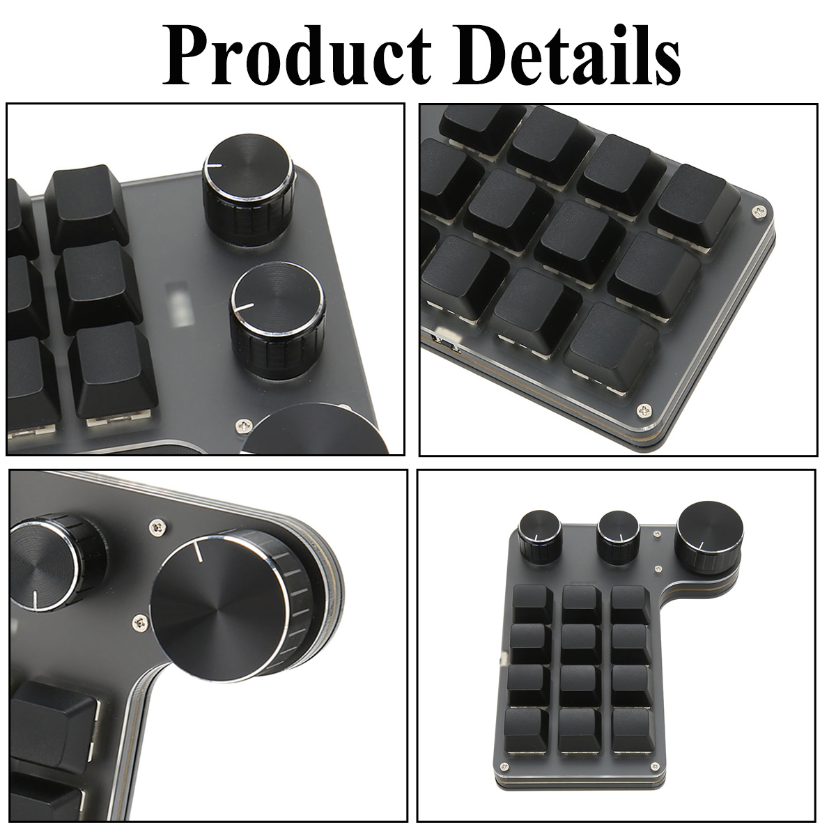 Eine Makro-Tastatur mit schwarzen Tasten und silbernen Knöpfen. Das Gerät hat eine transparente Basis und ist vor weißem Hintergrund isoliert.