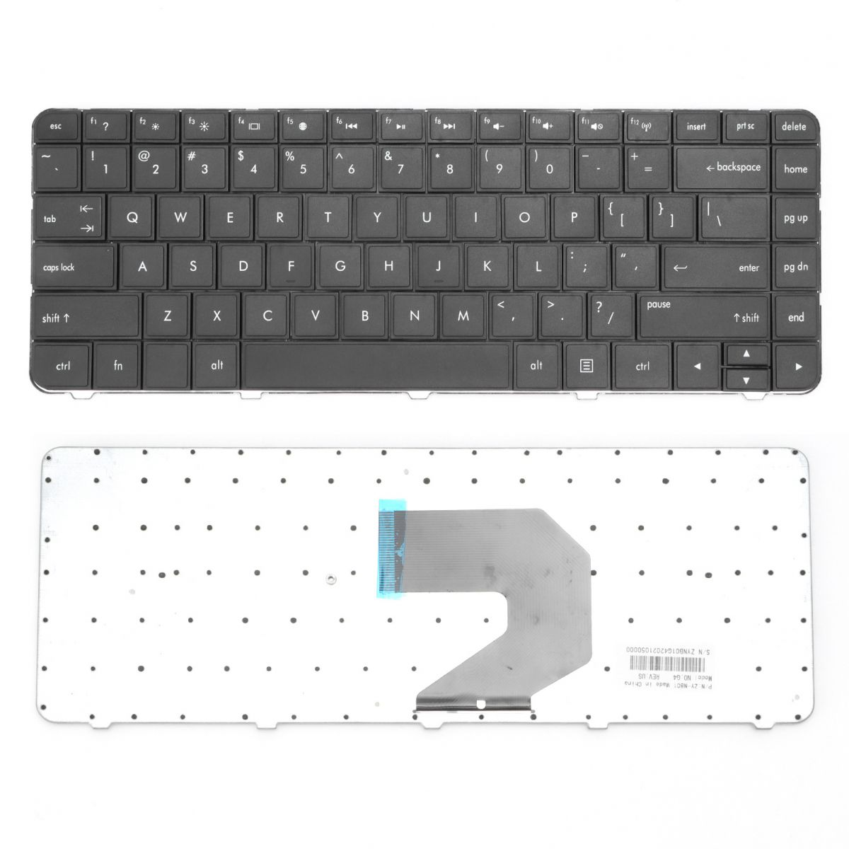 Schwarze Laptop-Tastatur. Tasten mit Buchstaben, Zahlen und Symbolen beschriftet. Kabel an der Basis verbunden.