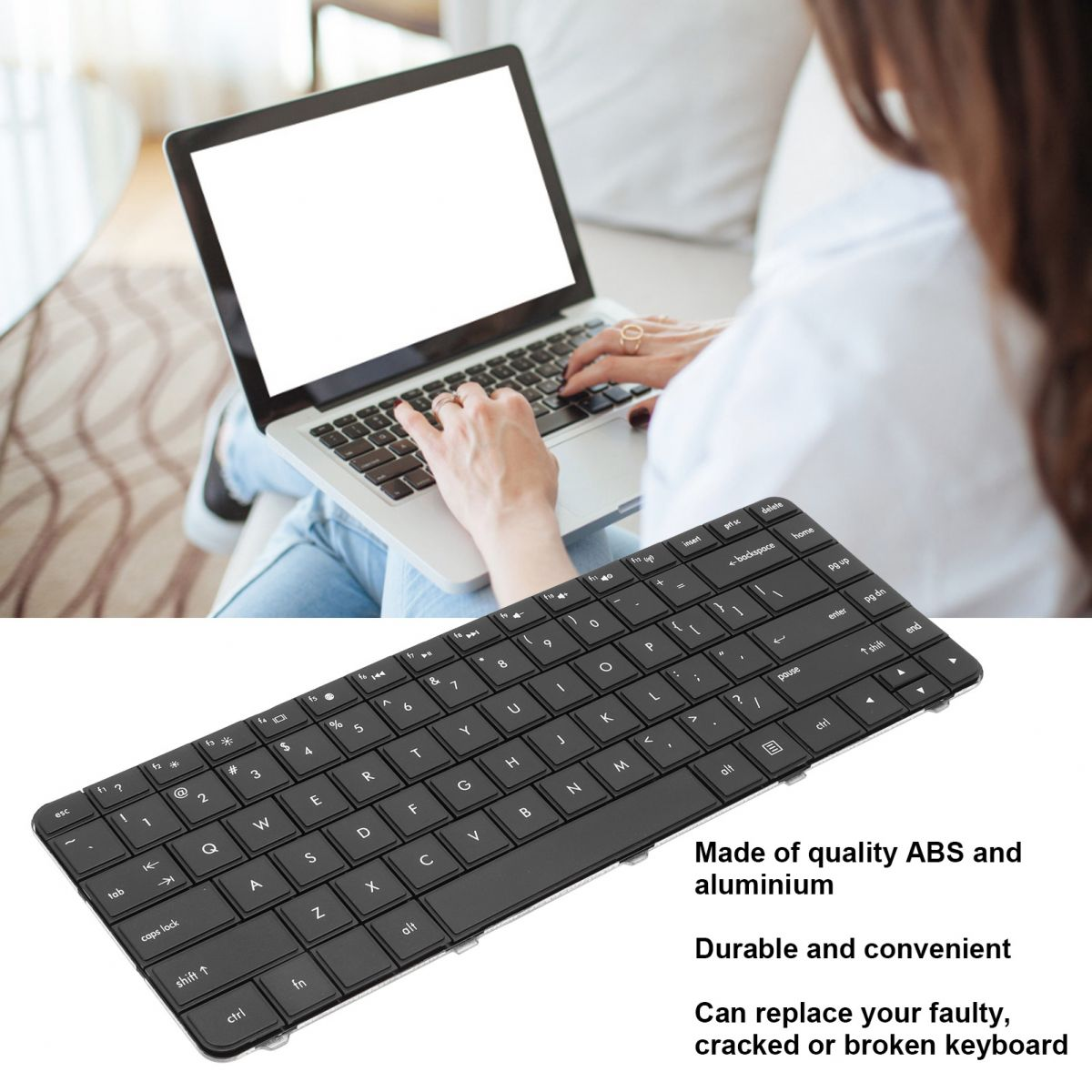 Eine Person benutzt einen Laptop. Eine Ersatz-Tastatur befindet sich im Vordergrund. Text beschreibt die Eigenschaften der Tastatur.