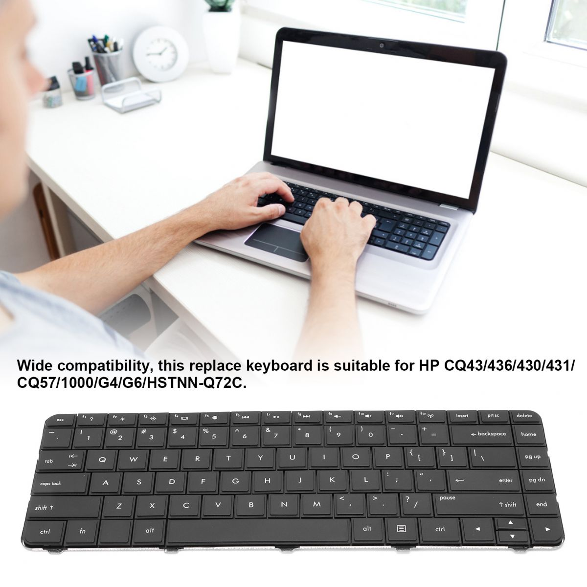 Eine Person tippt auf einem Laptop. Eine neue Tastatur befindet sich darunter. Eine Uhr und Stifte liegen auf dem Schreibtisch.