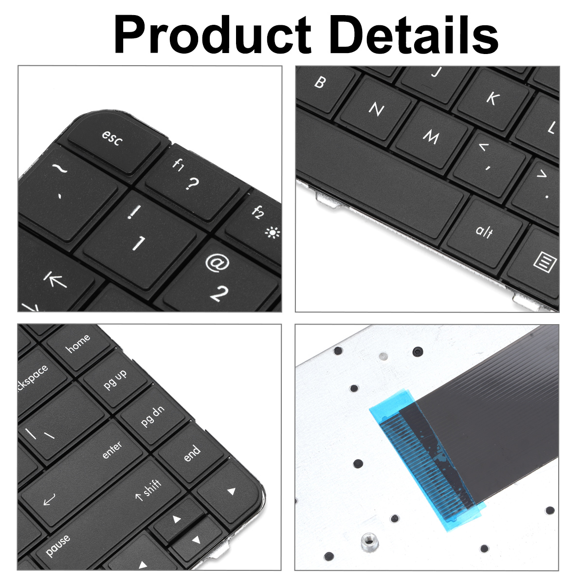 Nahaufnahmen einer schwarzen Laptop-Tastatur mit Tasten wie esc, 1, 2 usw. Enthält ein Flachbandkabel.