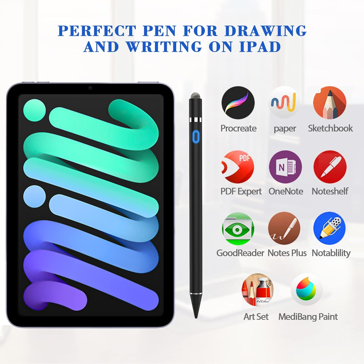 Ein iPad mit Stift. Procreate, PDF Expert, OneNote und andere Apps werden angezeigt. Text lautet: 'PERFEKTER STIFT ZUM ZEICHNEN UND SCHREIBEN'.