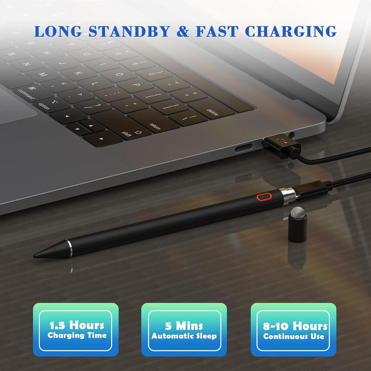 Ein schwarzer Stift, der über USB mit einem Laptop verbunden ist. Text hebt schnelles Laden und lange Standby-Zeit hervor.