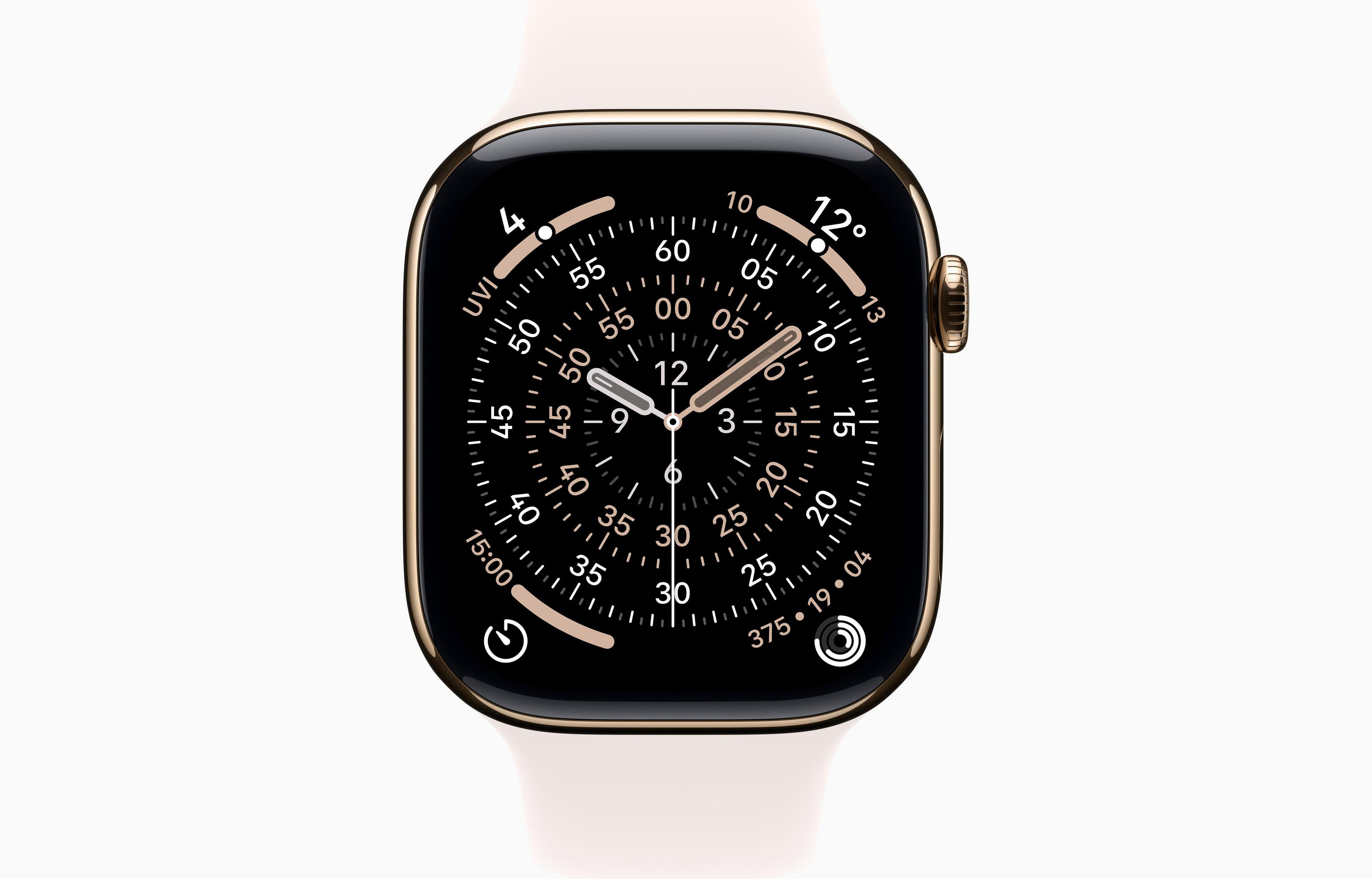 Smartwatch ze złotą obudową i czarną tarczą, pokazujący czas i inne wskaźniki.