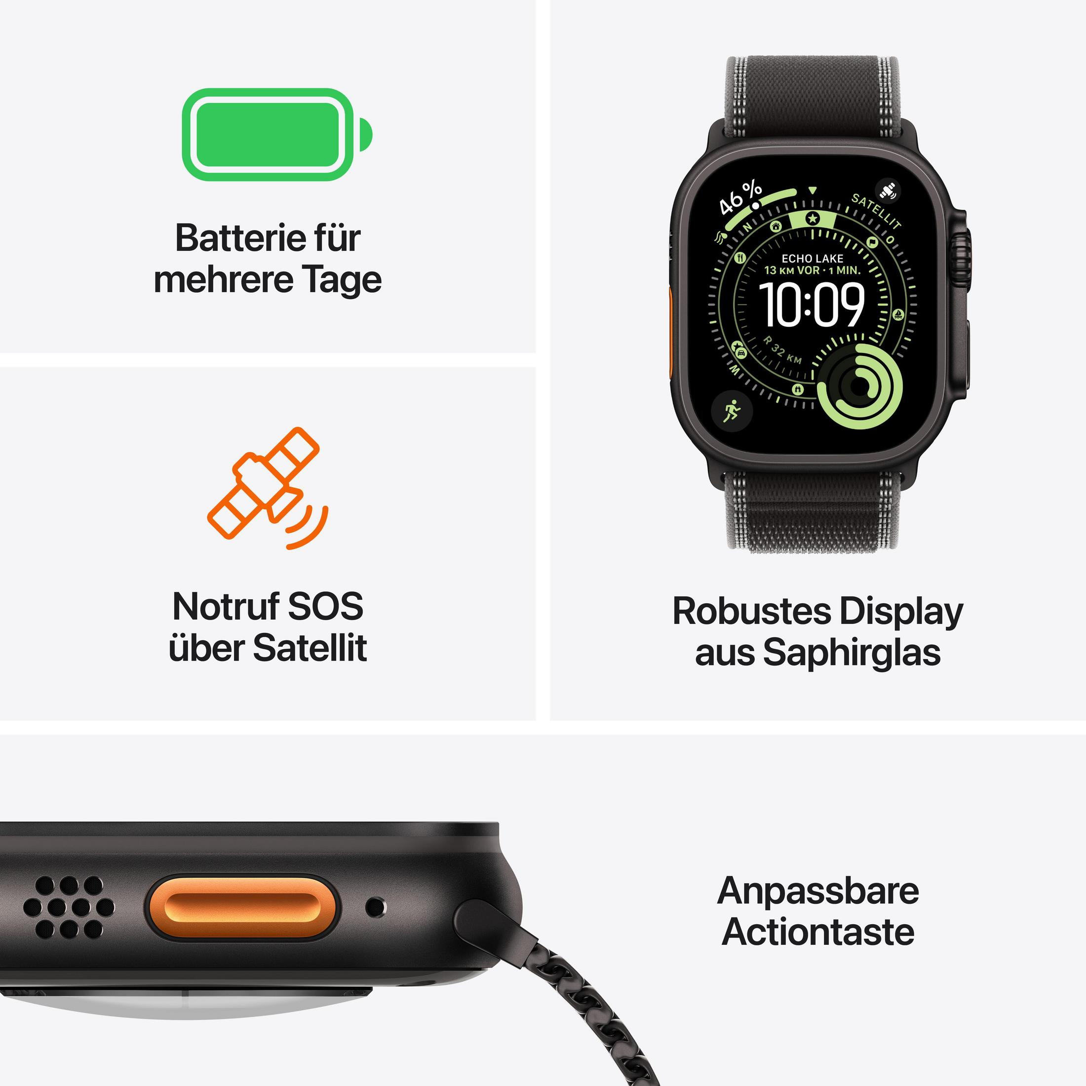 Apple Watch Ultra wyświetla godzinę, baterię, SOS satelitarny i inne informacje. Jest czarny z pomarańczowym przyciskiem i czarnym paskiem.