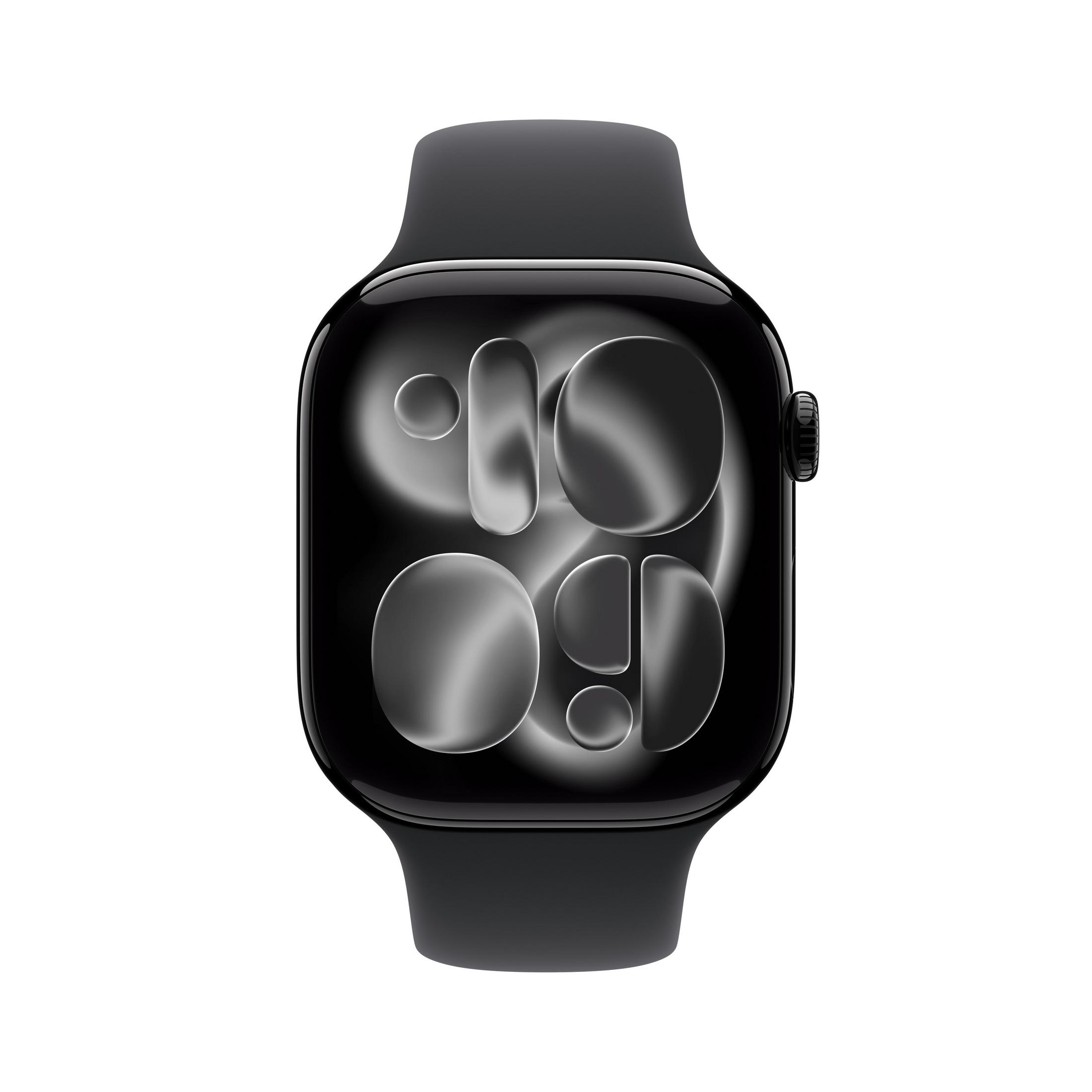 Czarny Apple Watch z ciemną tarczą wyświetlającą godzinę. Tło jest białe.