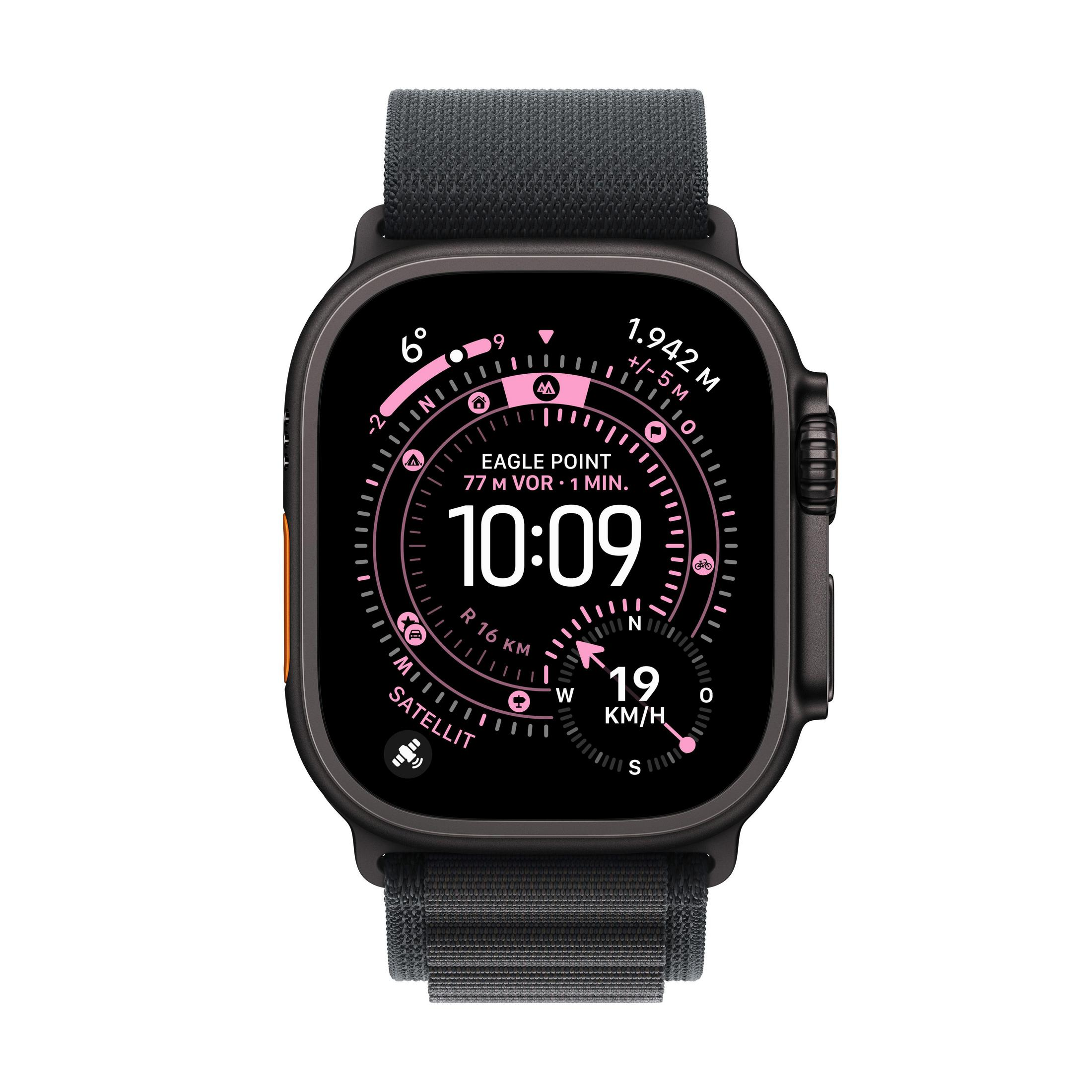 Un reloj inteligente negro muestra hora, velocidad y ubicación. La correa es gris. Los números y el texto son rosas.