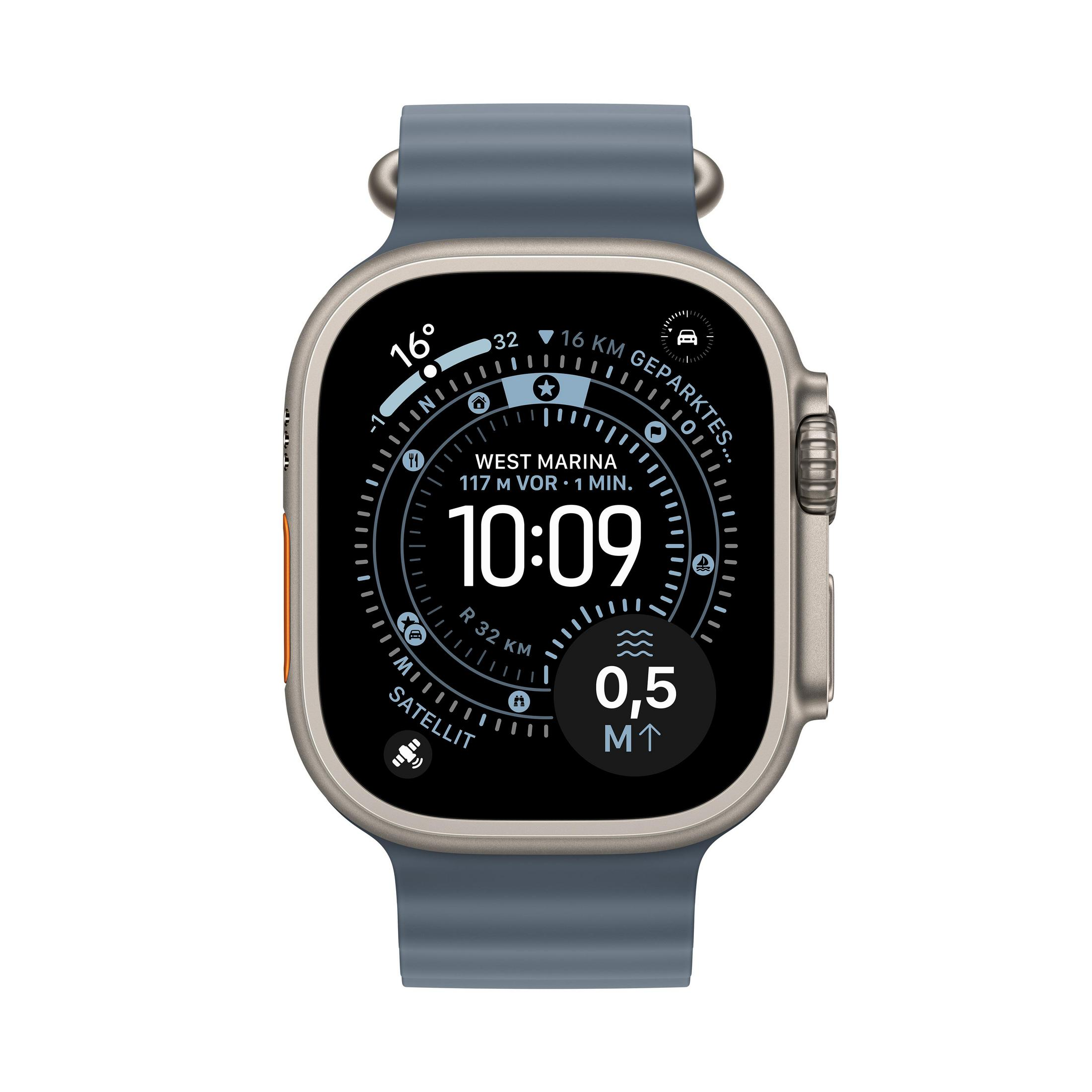 Une montre connectée argentée avec bracelet bleu affiche l'heure 10:09, la température 16 degrés et d'autres données.