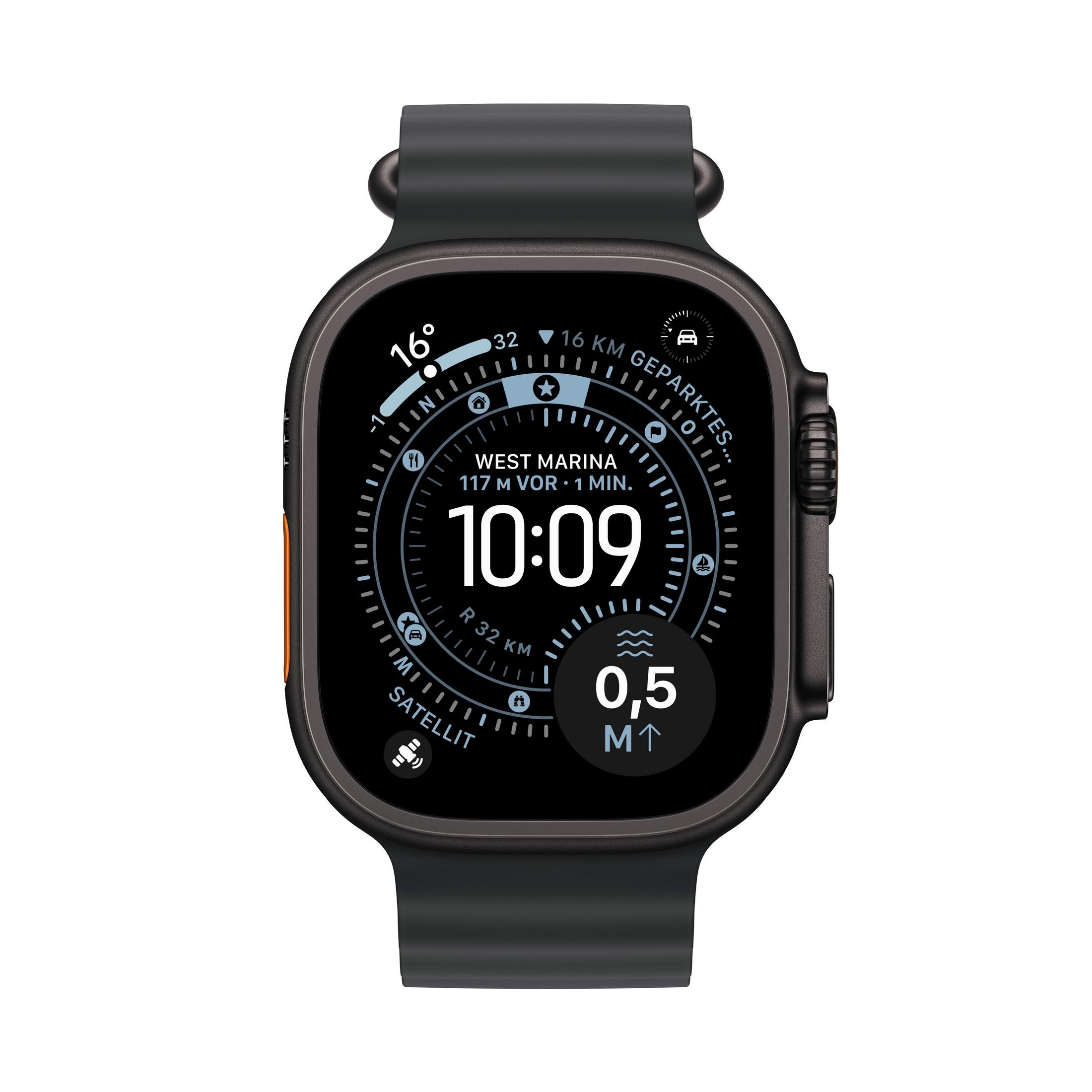 Uno smartwatch nero con display digitale. L'ora è 10:09. Visualizza la temperatura, la posizione e altre metriche.