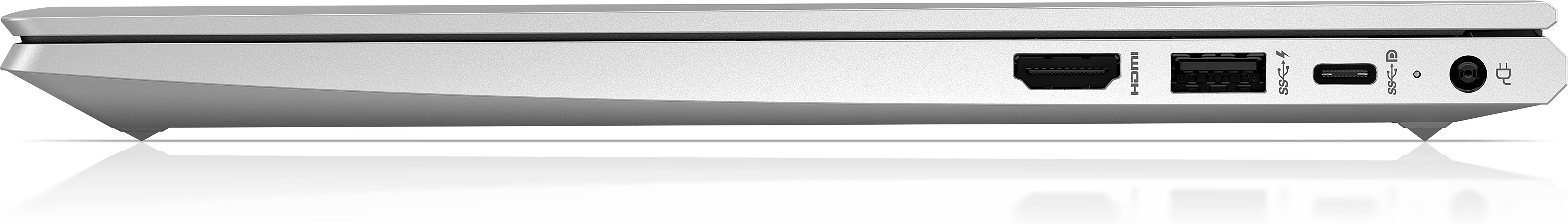 Silver laptop side view with ports: HDMI, USB, USB-C, power port. White background. Reflected shadow.