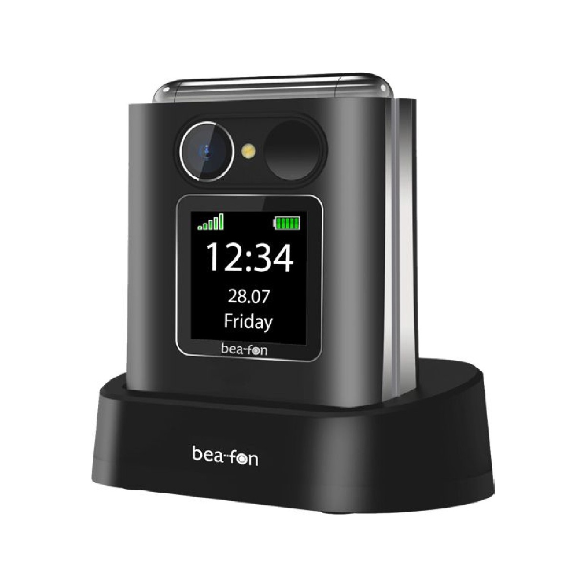 Czarny telefon bea-fon na czarnej stacji ładującej. Ekran wyświetla godzinę, datę i sygnał. Telefon ma aparat.
