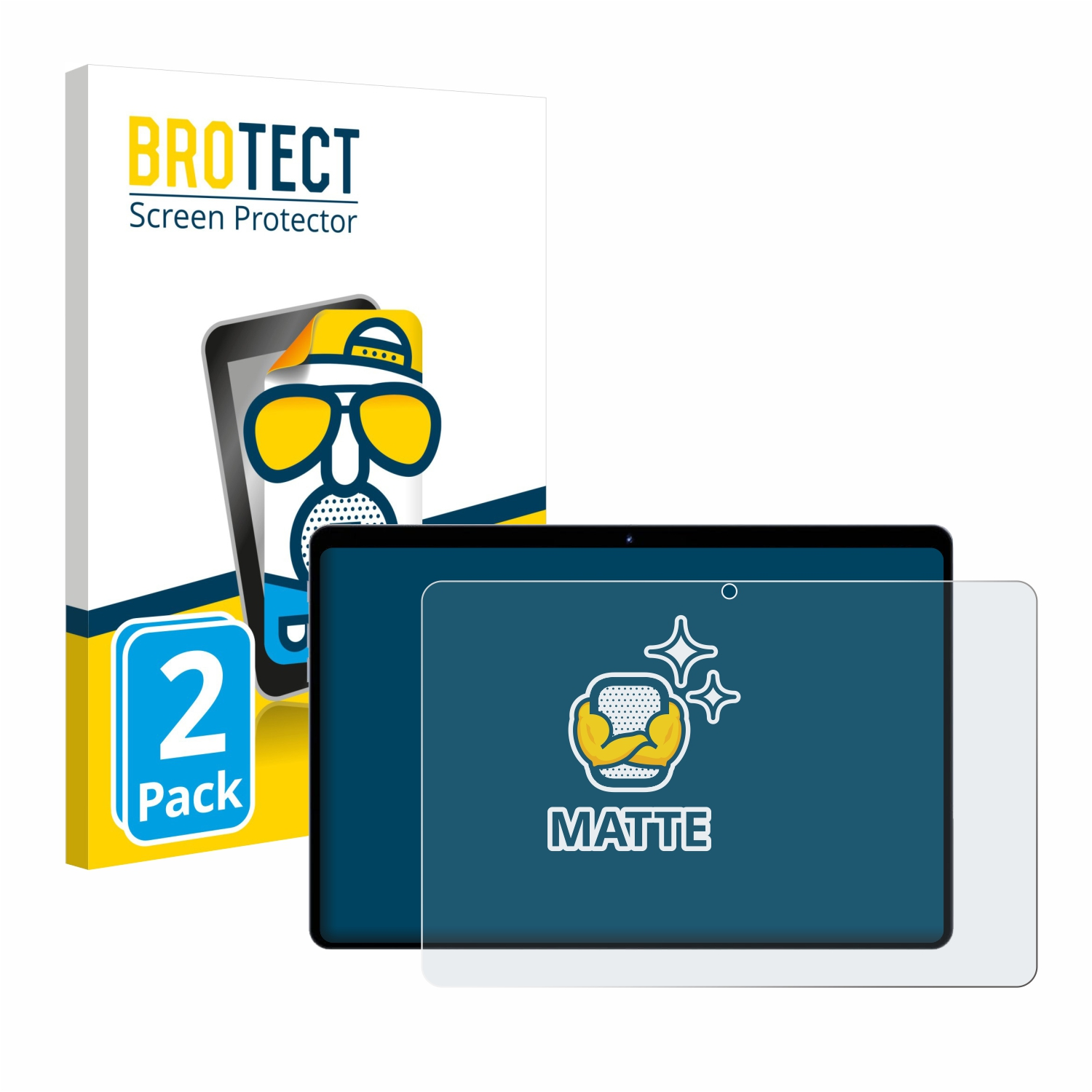 Ein Tablett-Displayschutz-Set. Die Verpackung zeigt ein Cartoon-Bild und die Worte 'BROTECT Screen Protector'. Zwei Displayschutzfolien sind abgebildet.