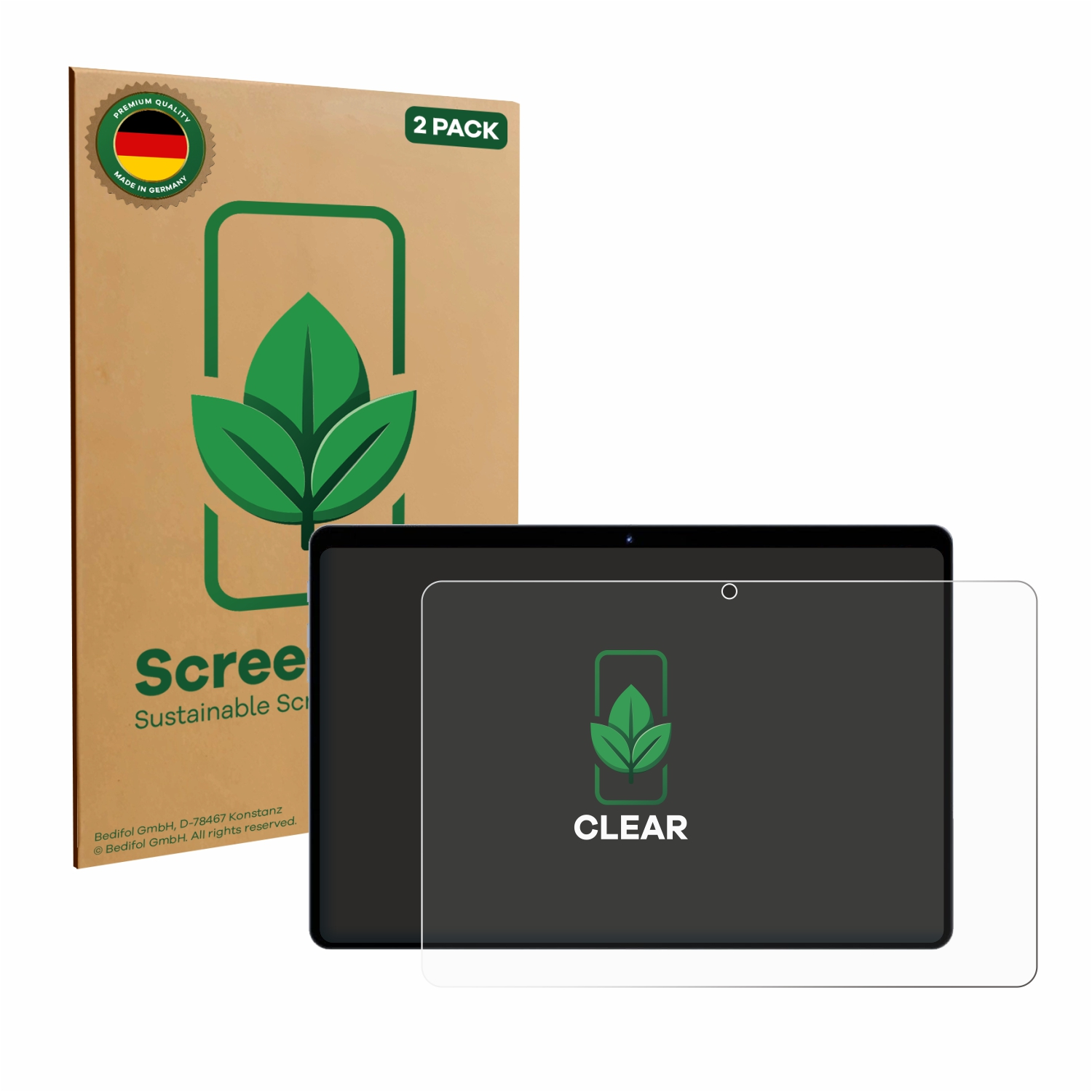 Ein Tablett-Displayschutz mit einem Karton im Hintergrund. Auf der Box steht '2er Pack' und 'Made in Germany'.