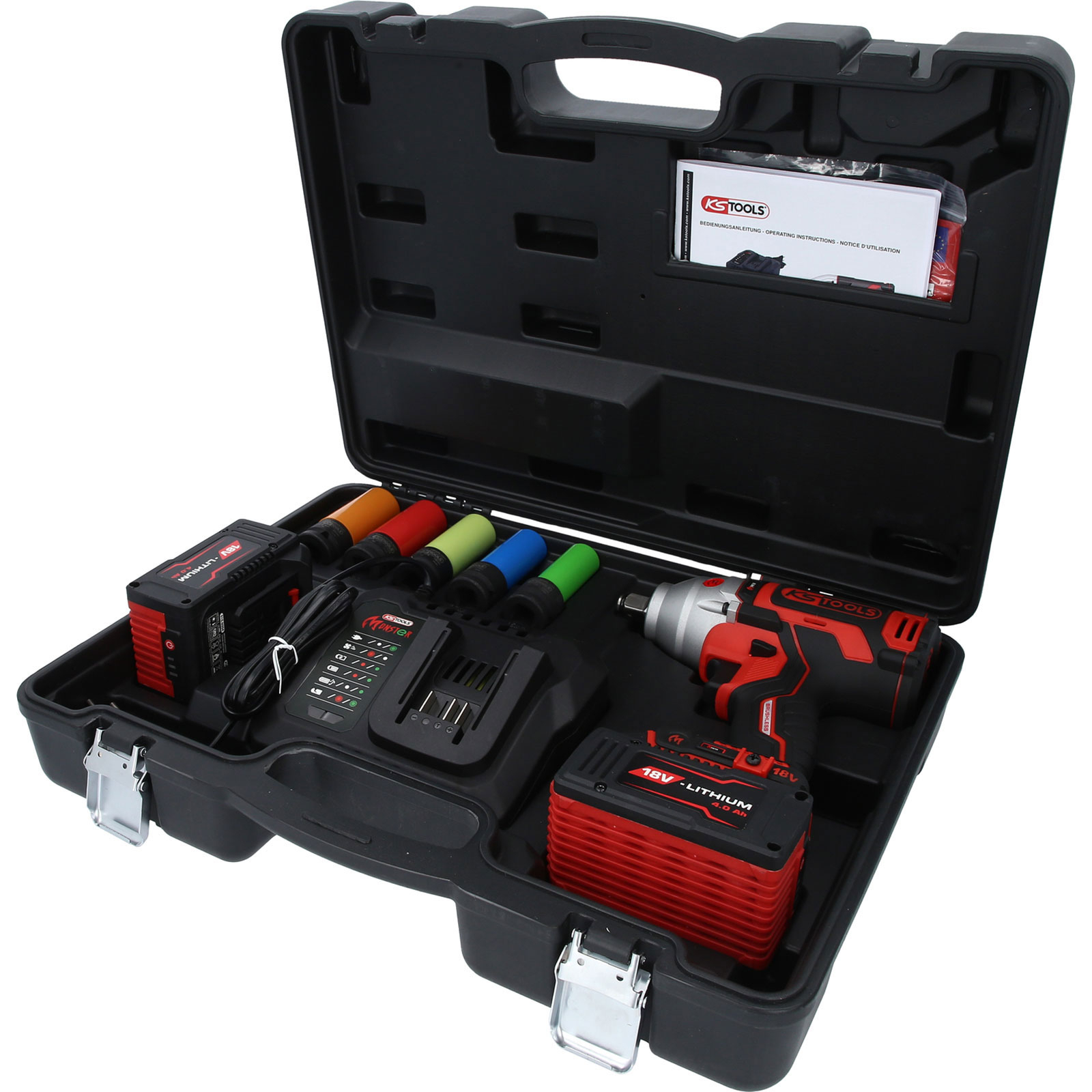 Valigetta nera con utensile elettrico rosso e nero, batteria, caricabatterie e prese colorate. Logo KS TOOLS visibile.