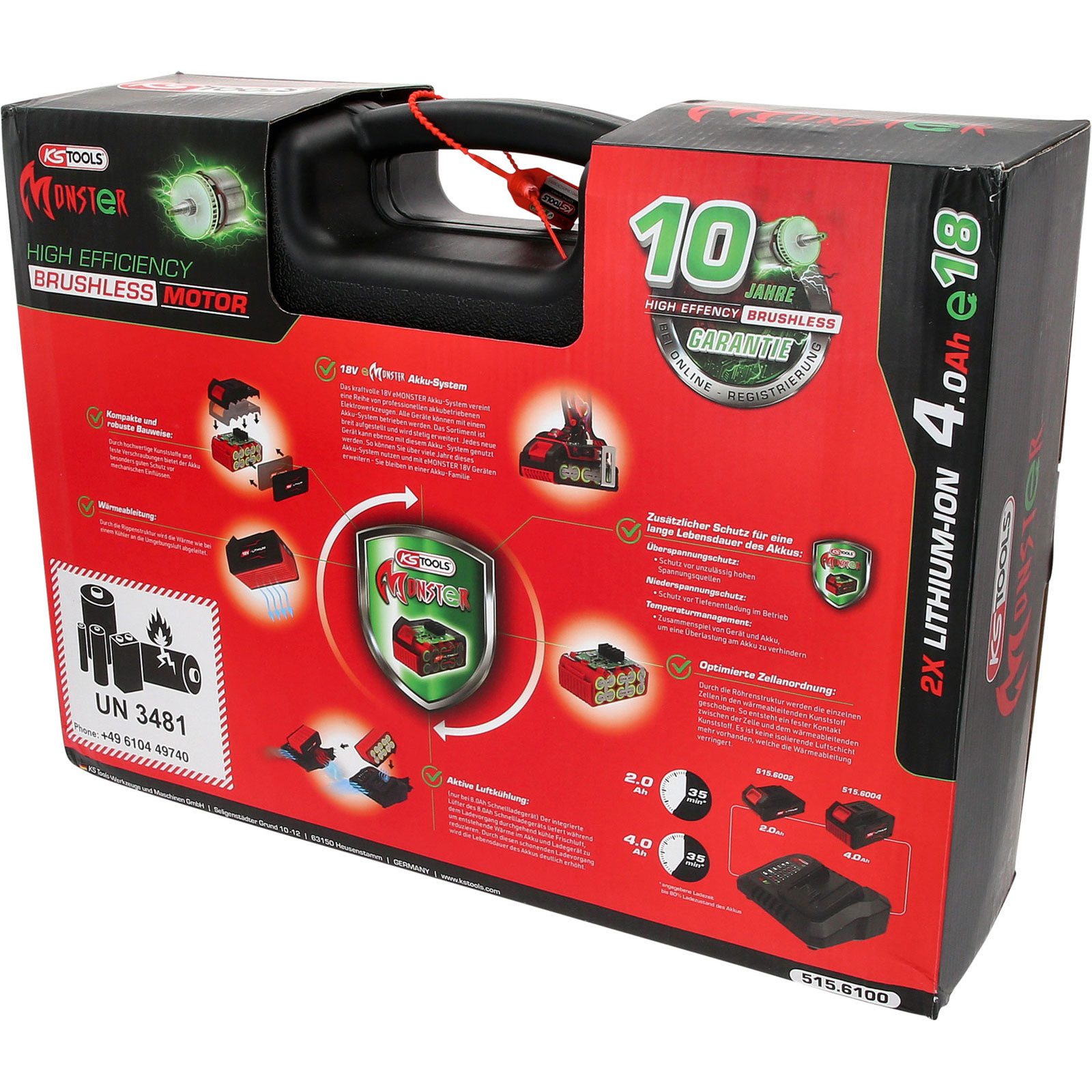 Una scatola per batterie KSTOOLS nera e rossa con manico. Contiene testo e grafica sulle sue caratteristiche e sulla garanzia.