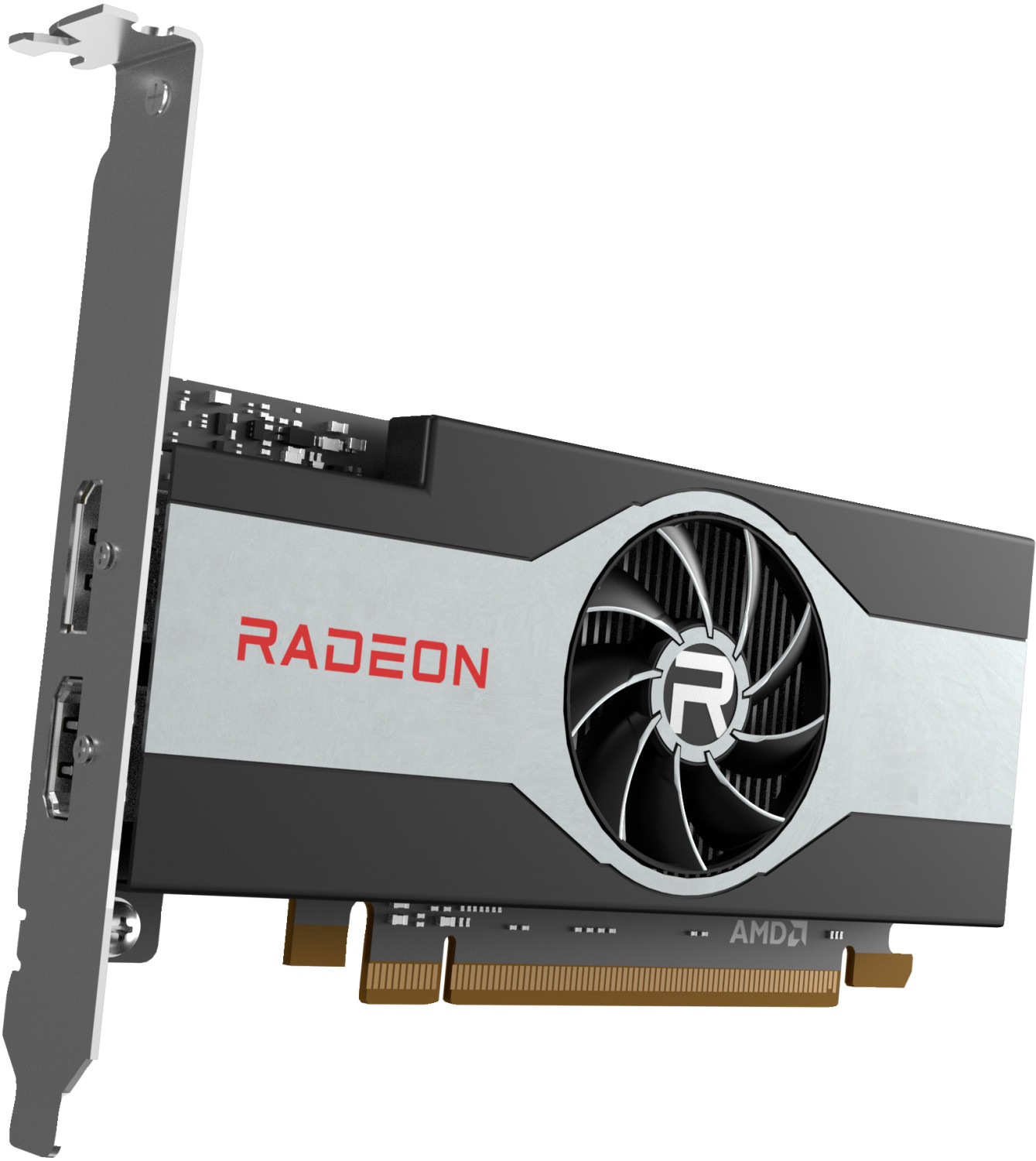 Eine Radeon-Grafikkarte mit Lüfter. Die Karte hat ein silber-schwarzes Design mit dem Radeon-Logo und AMD-Branding.