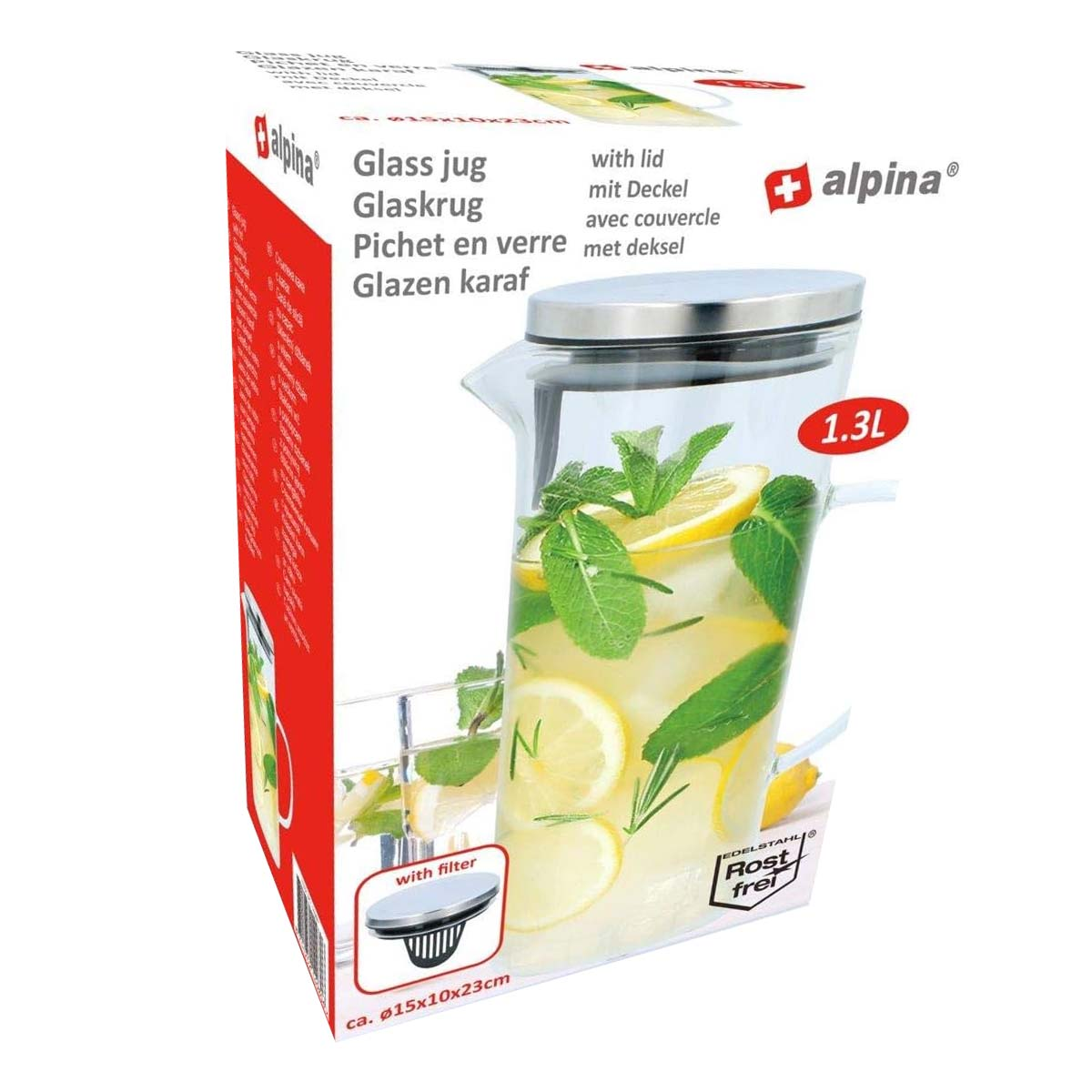 Brocca di vetro con coperchio piena di ghiaccio, limoni e menta. La brocca è su una superficie bianca, sulla scatola con il logo Alpina.