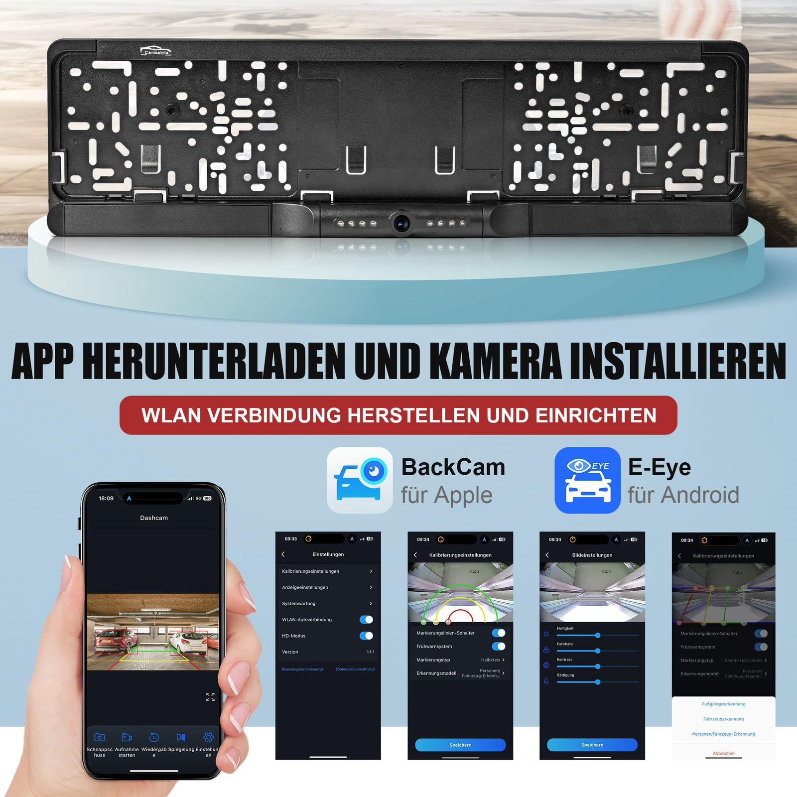 Ein Smartphone zeigt die Rückansicht eines Autos, mit Einstellungen für eine Autokamera und Text auf Deutsch.